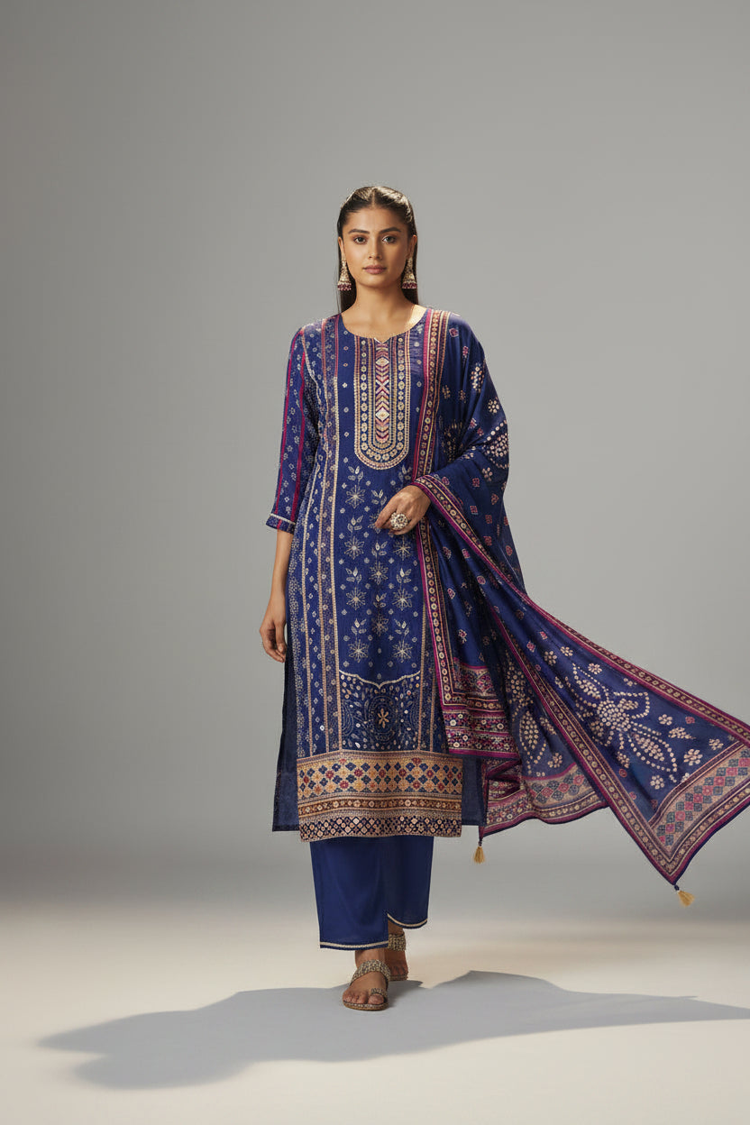 Deep Indigo Blue Viscose Jacquard Position Print Kurta Set