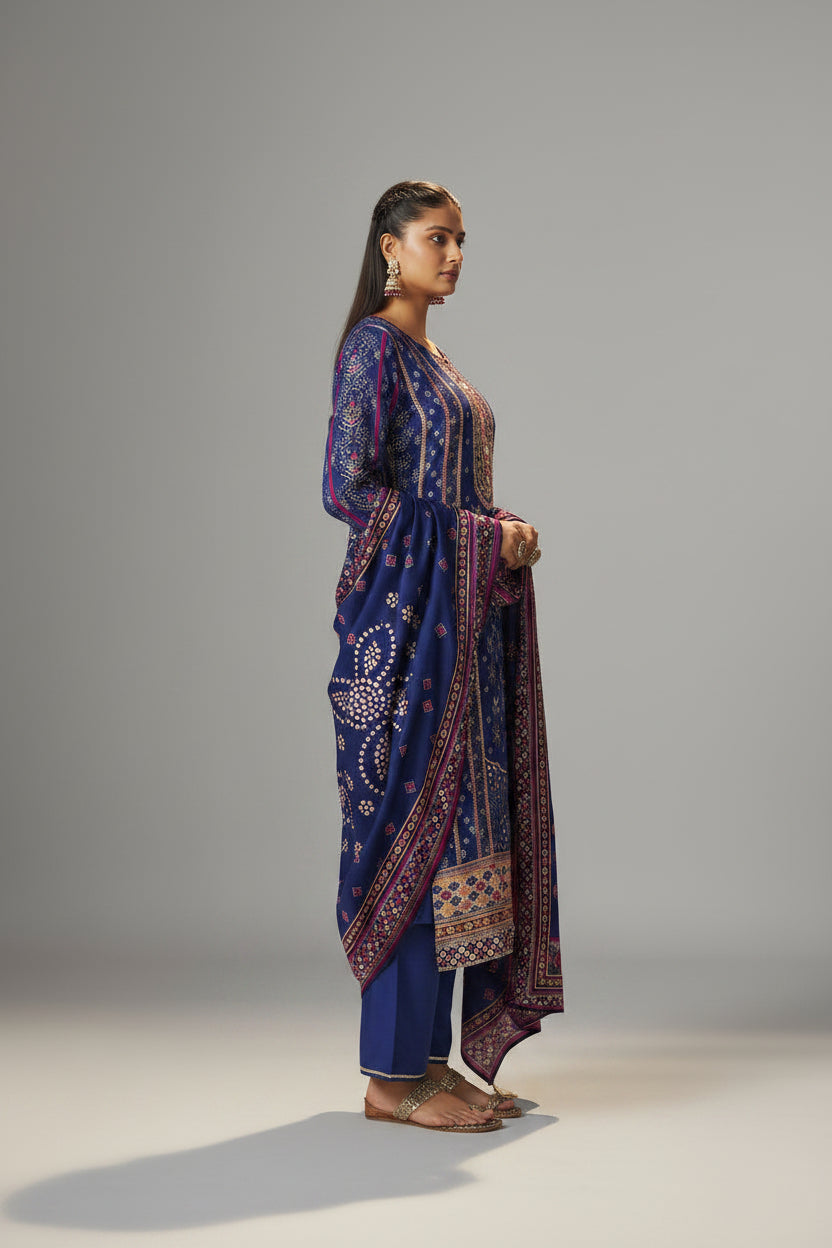 Deep Indigo Blue Viscose Jacquard Position Print Kurta Set