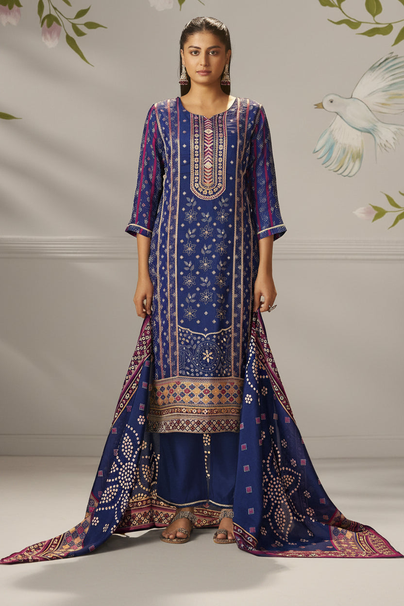 Deep Indigo Blue Viscose Jacquard Position Print Kurta Set