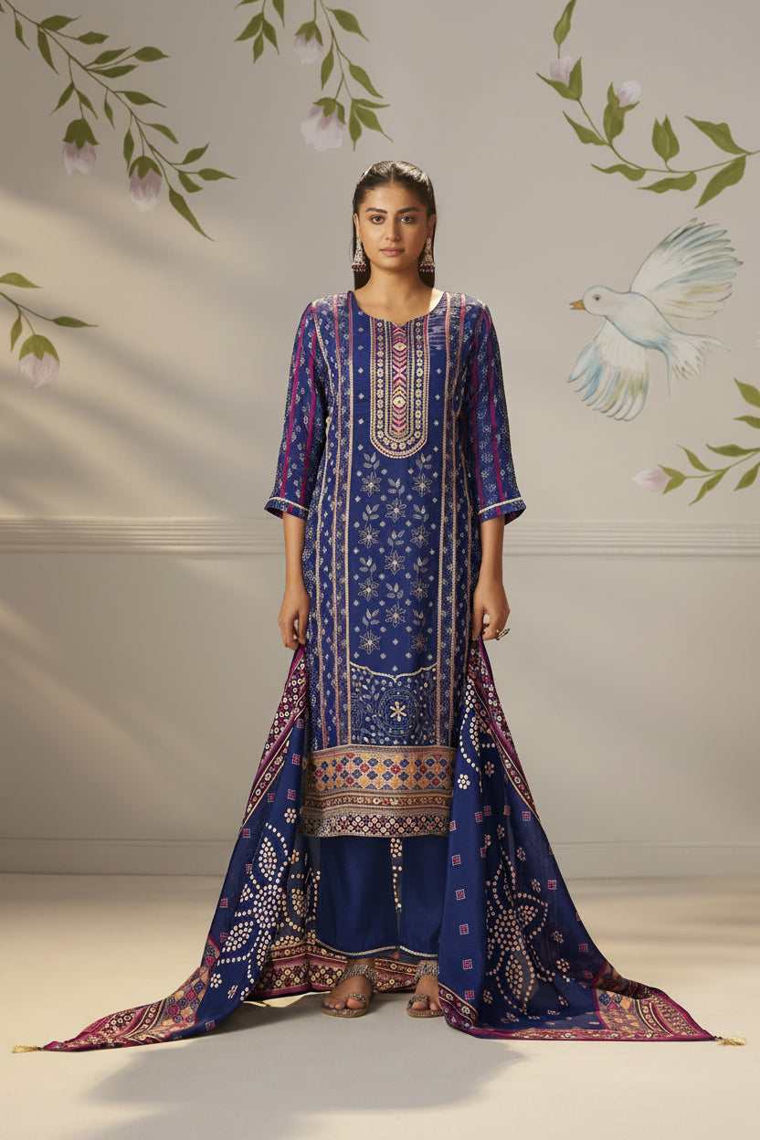 Deep Indigo Blue Viscose Jacquard Position Print Kurta Set