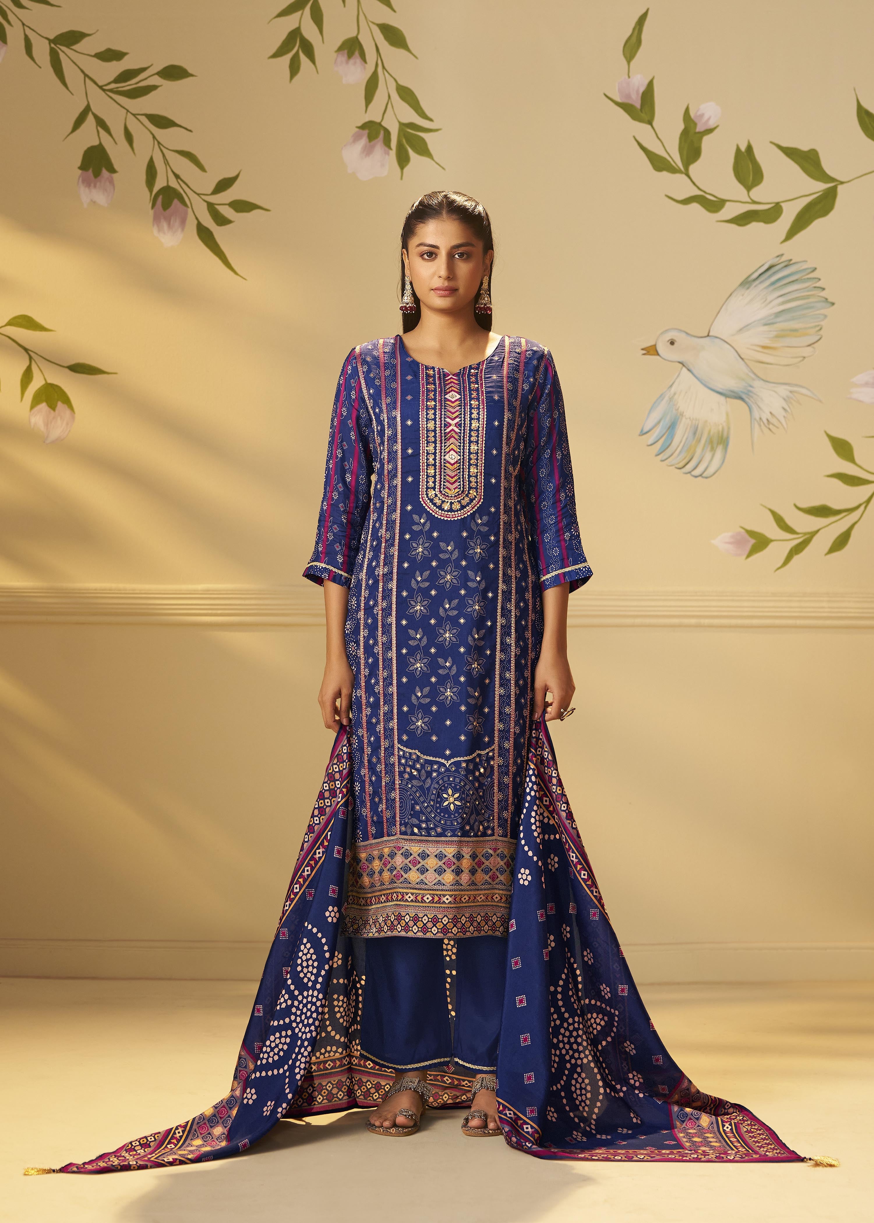 Deep Indigo Blue Viscose Jacquard Position Print Kurta Set