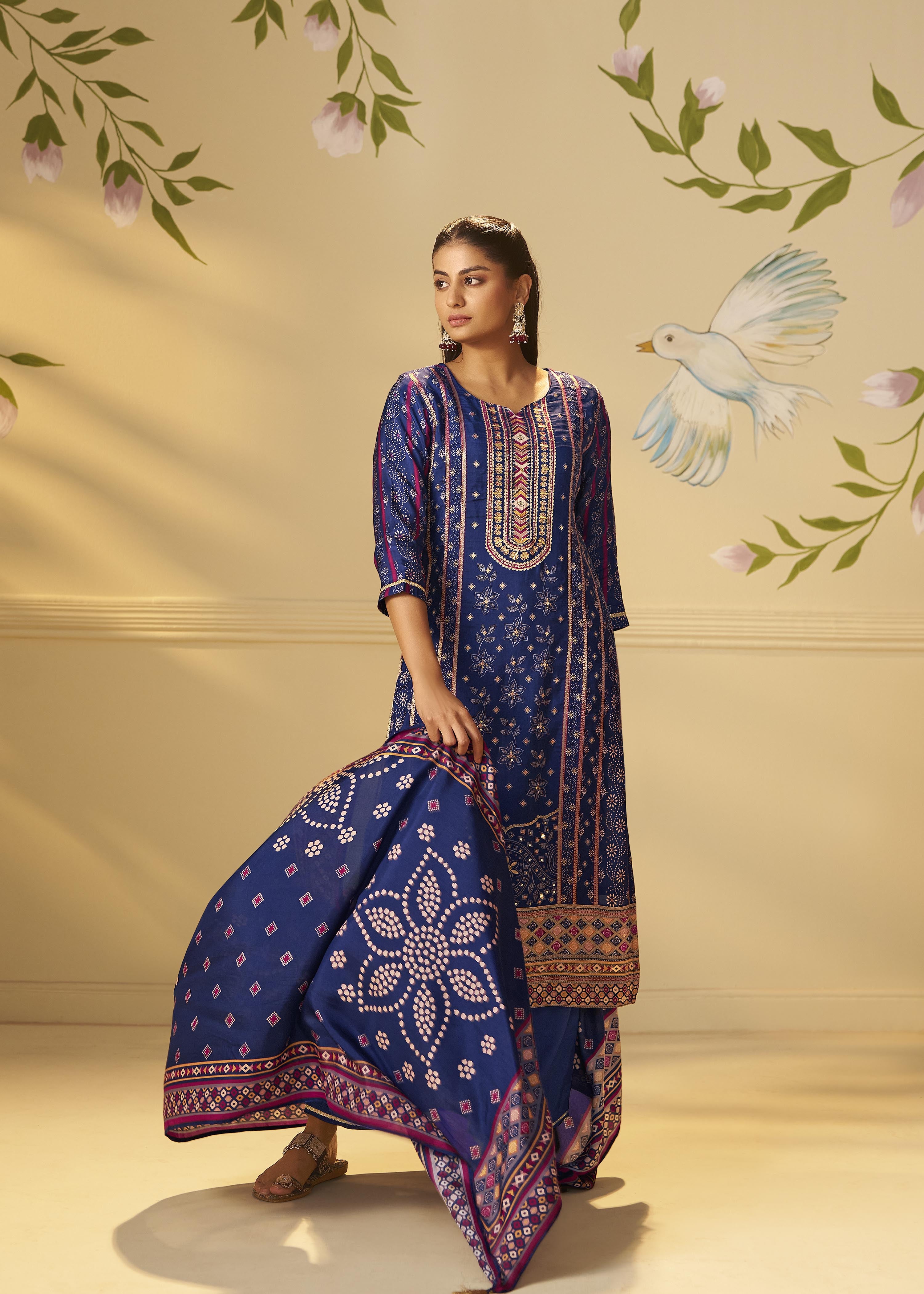 Deep Indigo Blue Viscose Jacquard Position Print Kurta Set