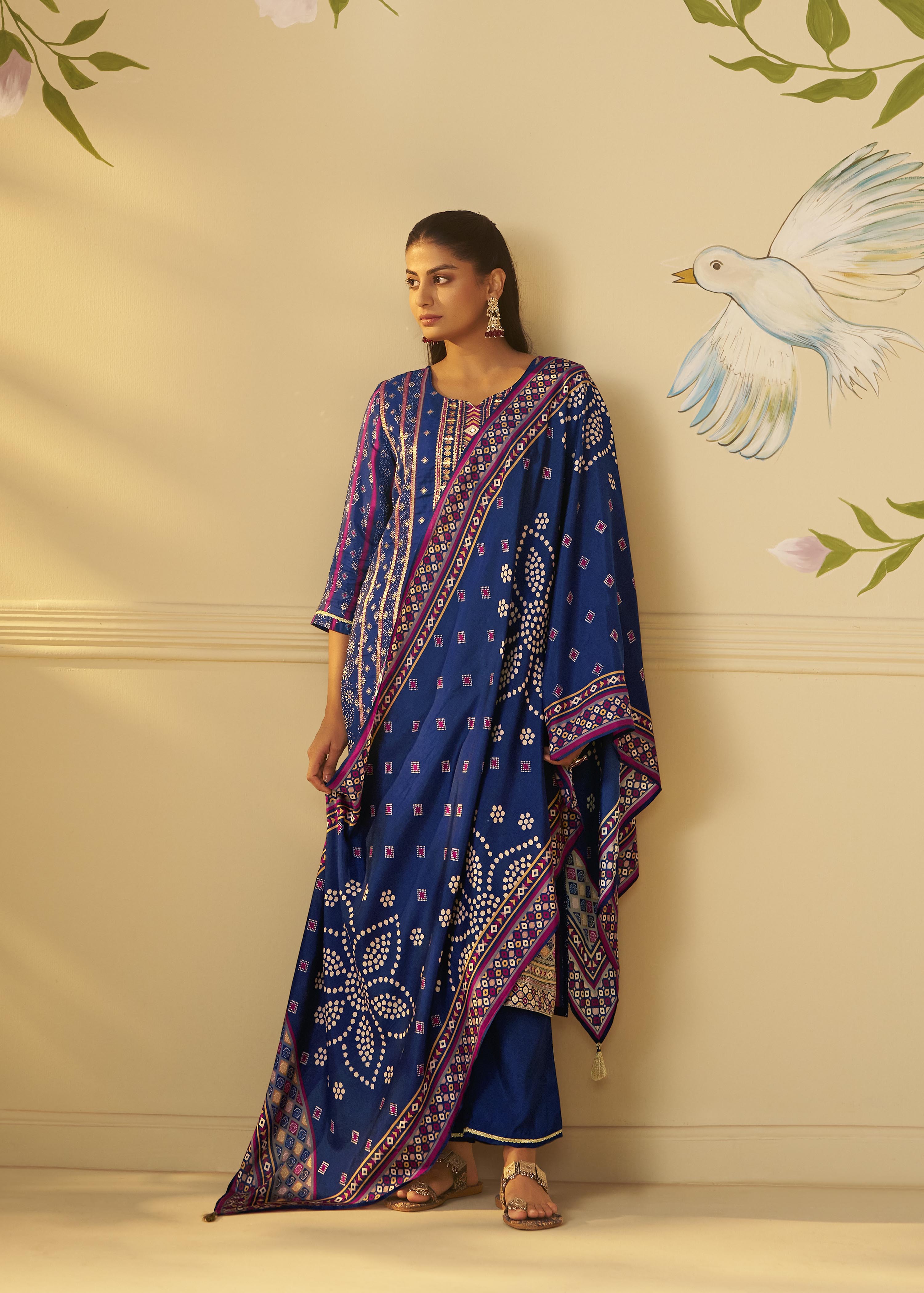Deep Indigo Blue Viscose Jacquard Position Print Kurta Set