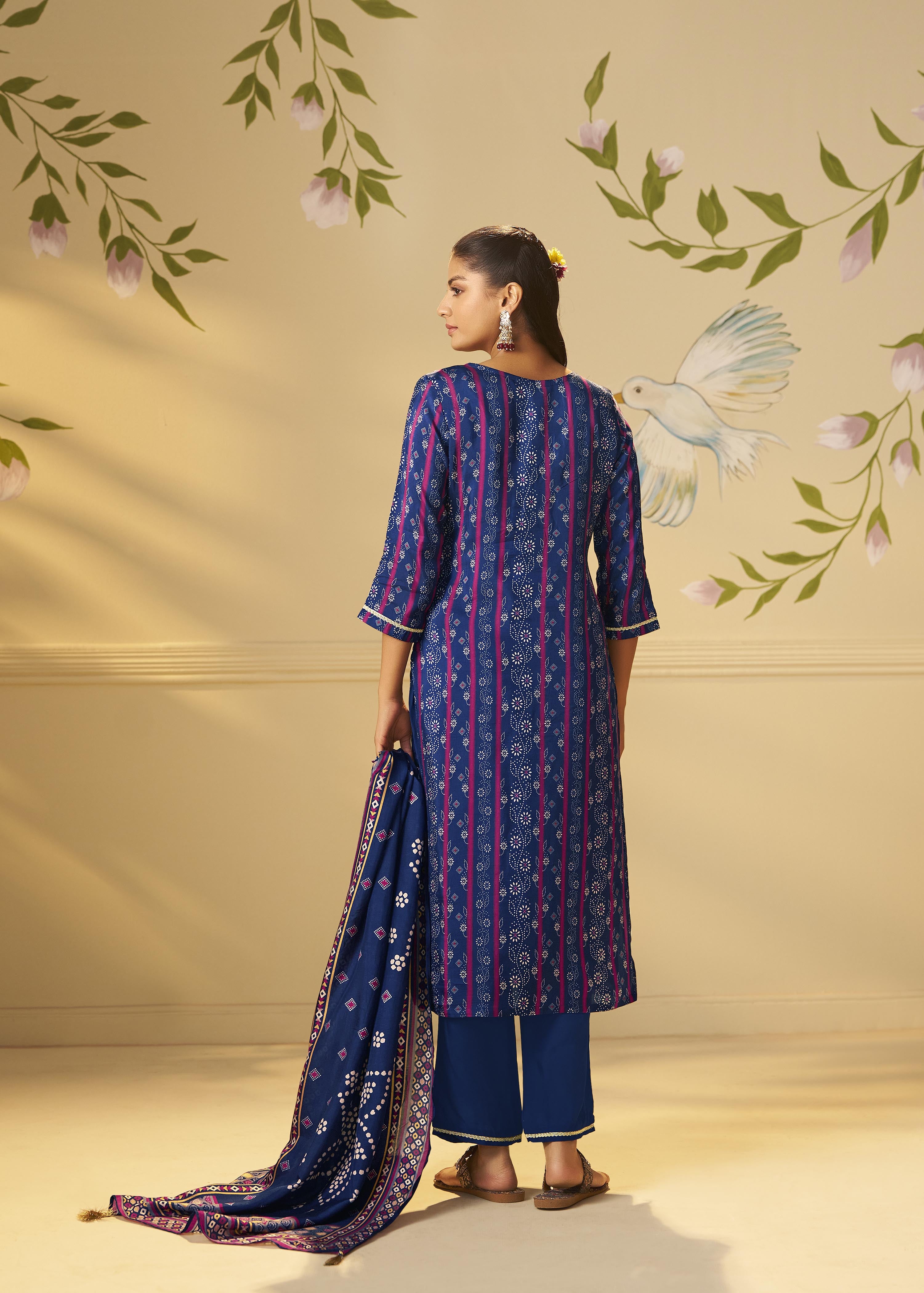 Deep Indigo Blue Viscose Jacquard Position Print Kurta Set