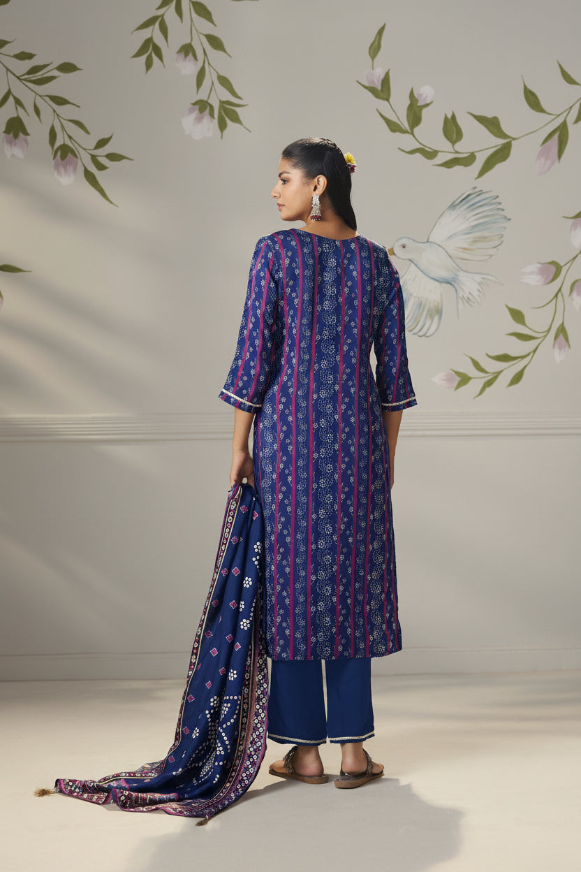 Deep Indigo Blue Viscose Jacquard Position Print Kurta Set