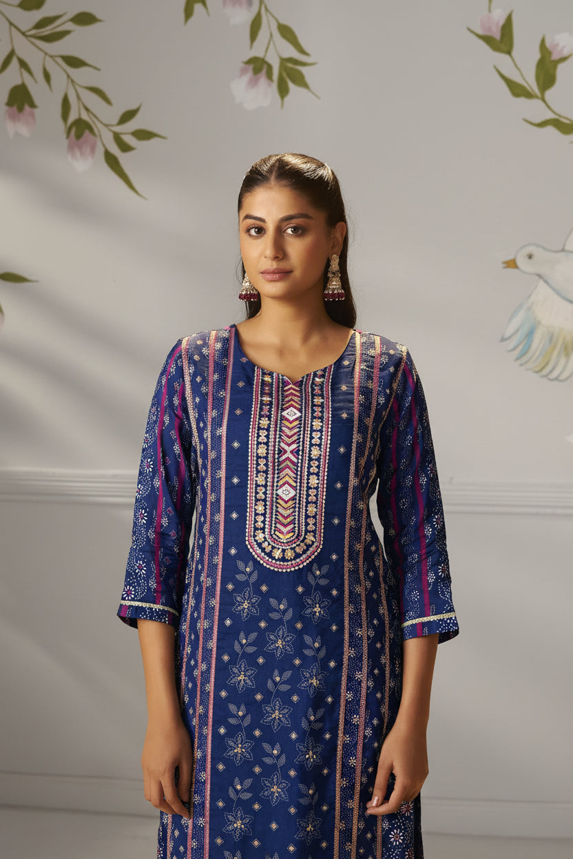 Deep Indigo Blue Viscose Jacquard Position Print Kurta Set
