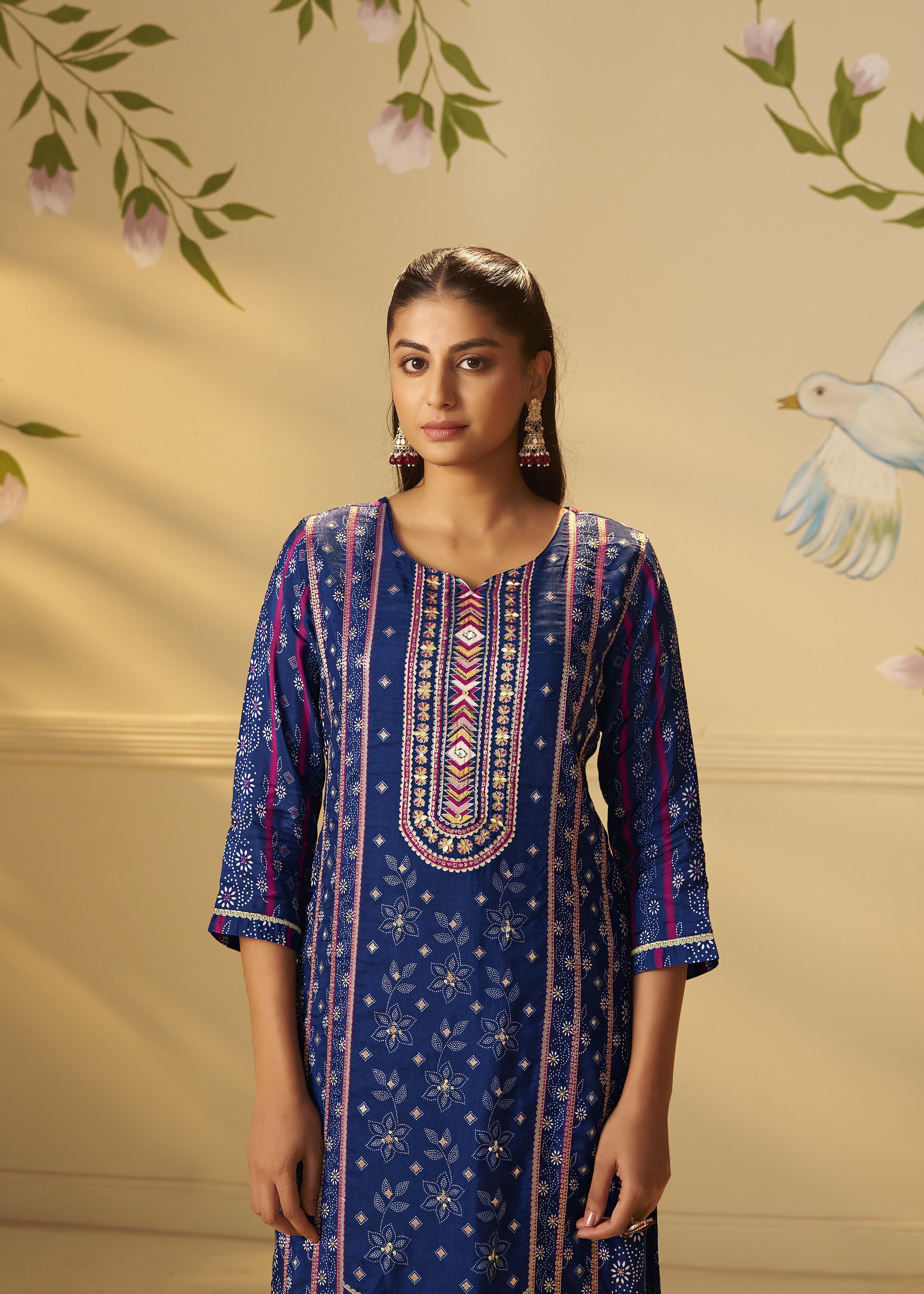 Deep Indigo Blue Viscose Jacquard Position Print Kurta Set