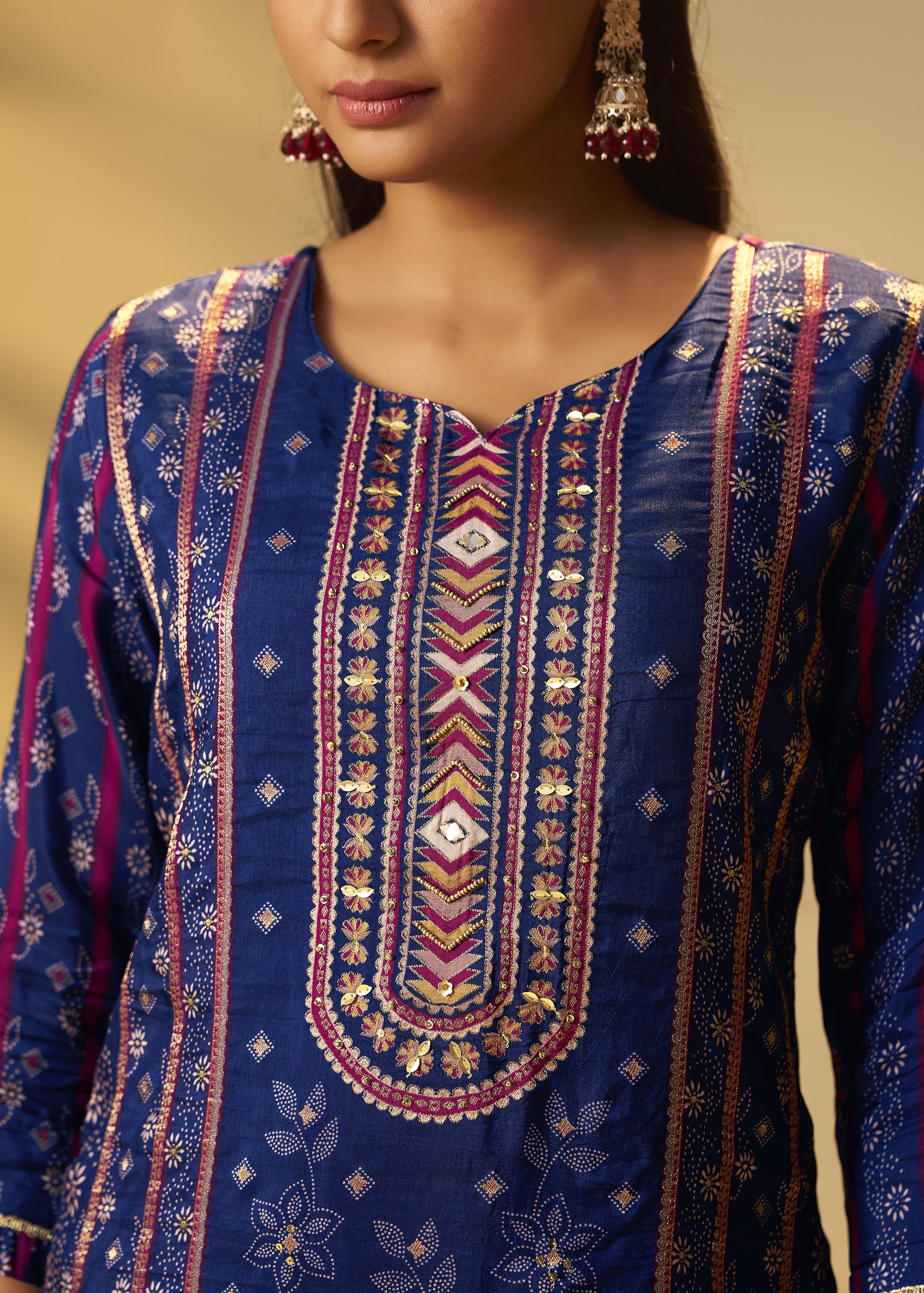 Deep Indigo Blue Viscose Jacquard Position Print Kurta Set