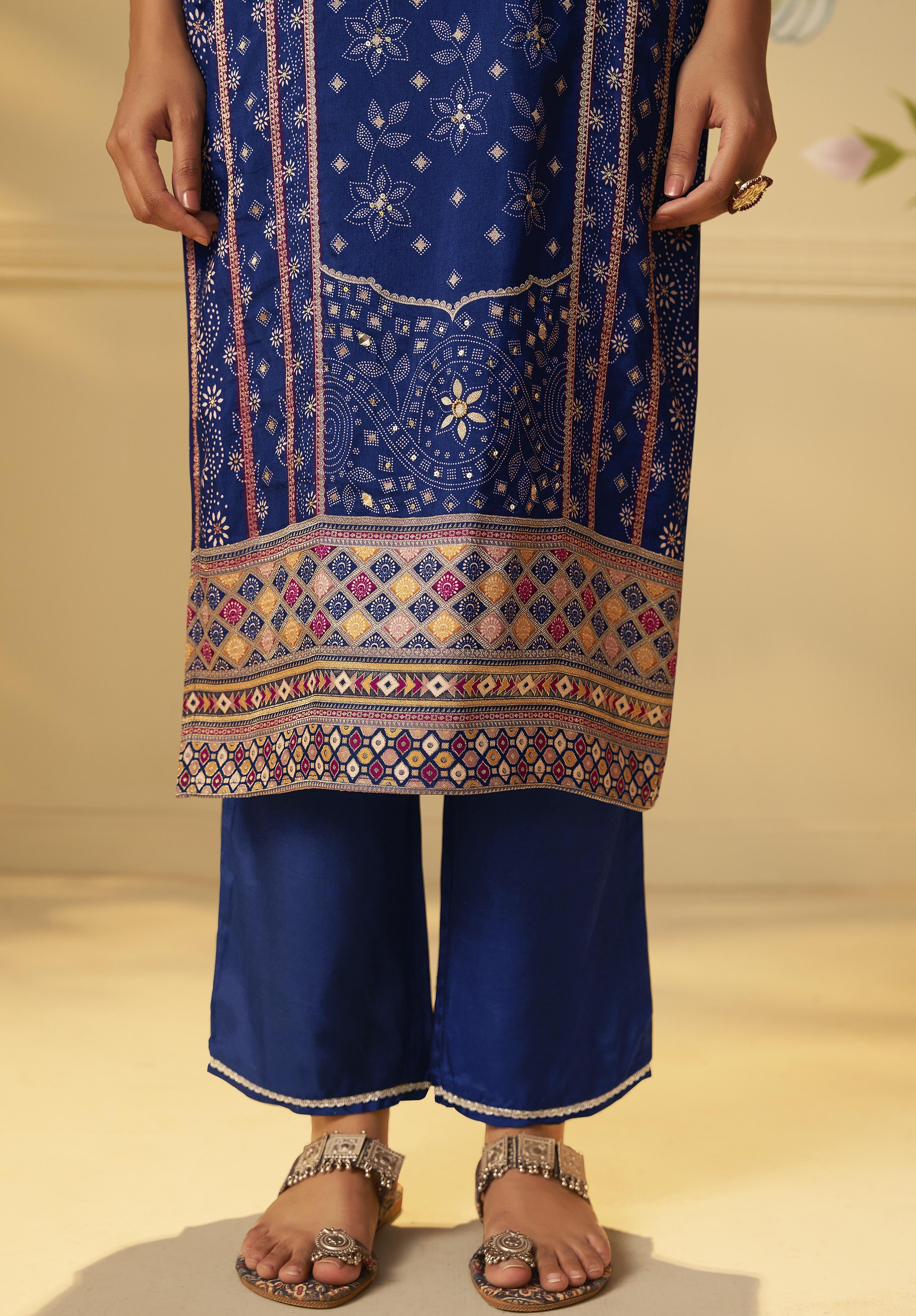 Deep Indigo Blue Viscose Jacquard Position Print Kurta Set