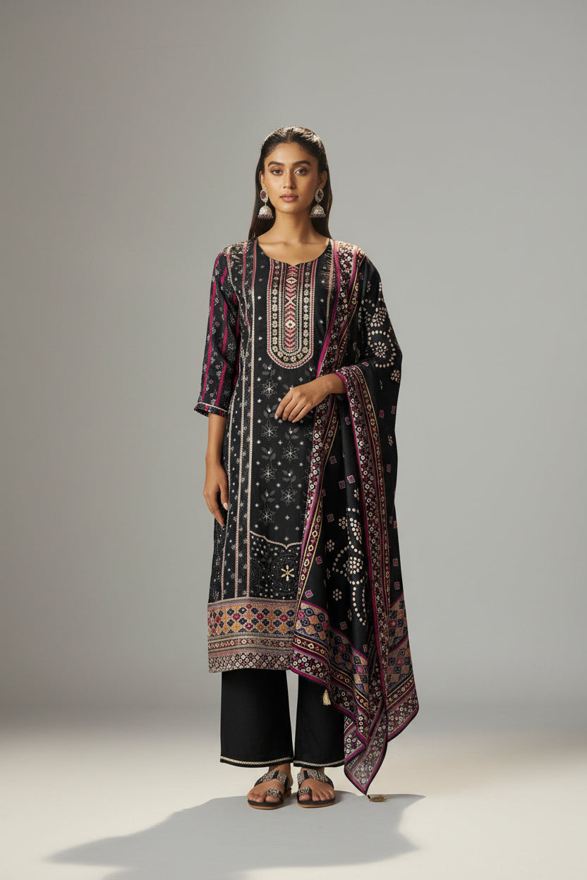 Jet Black Viscose Jacquard Position Print Kurta Set