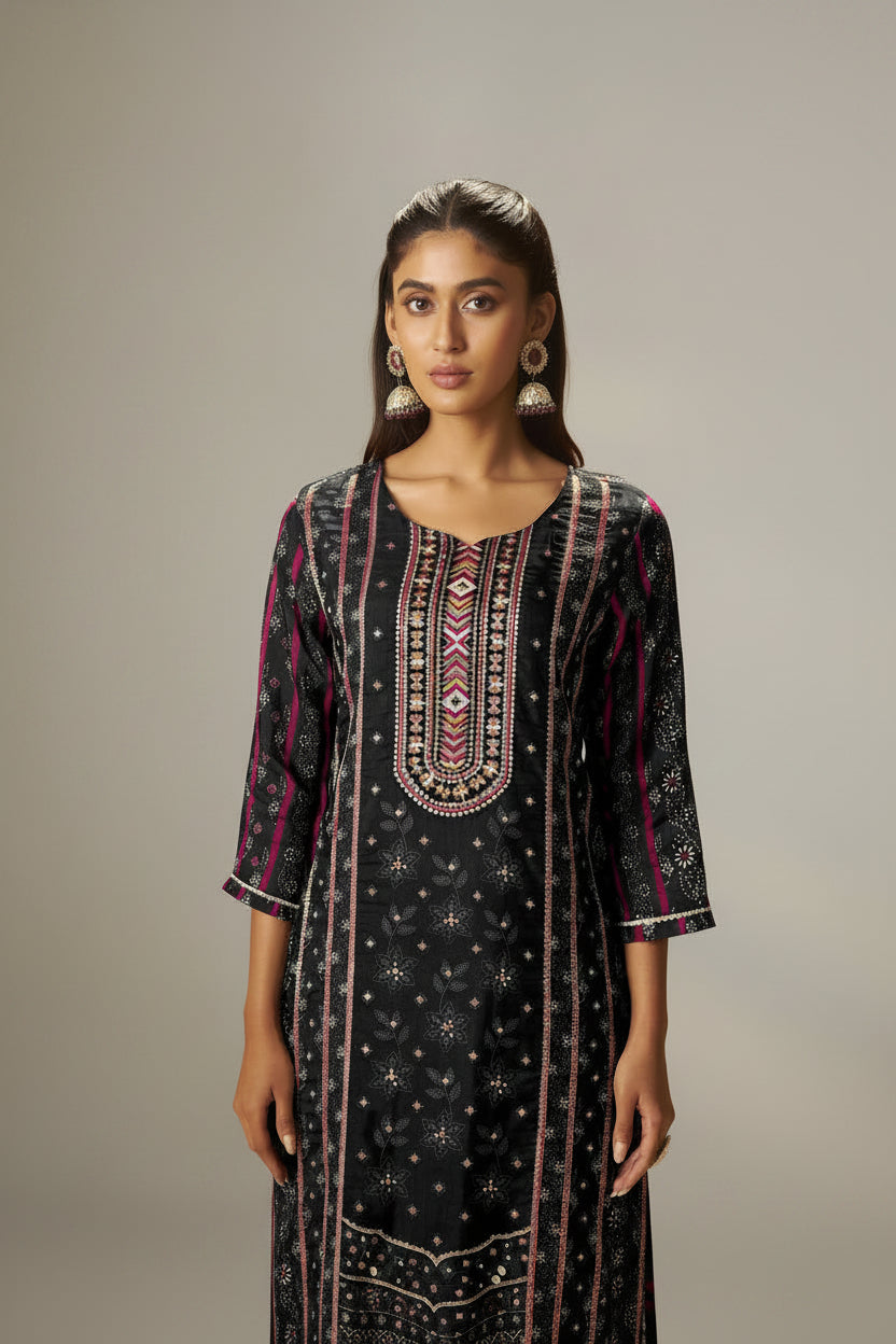 Jet Black Viscose Jacquard Position Print Kurta Set