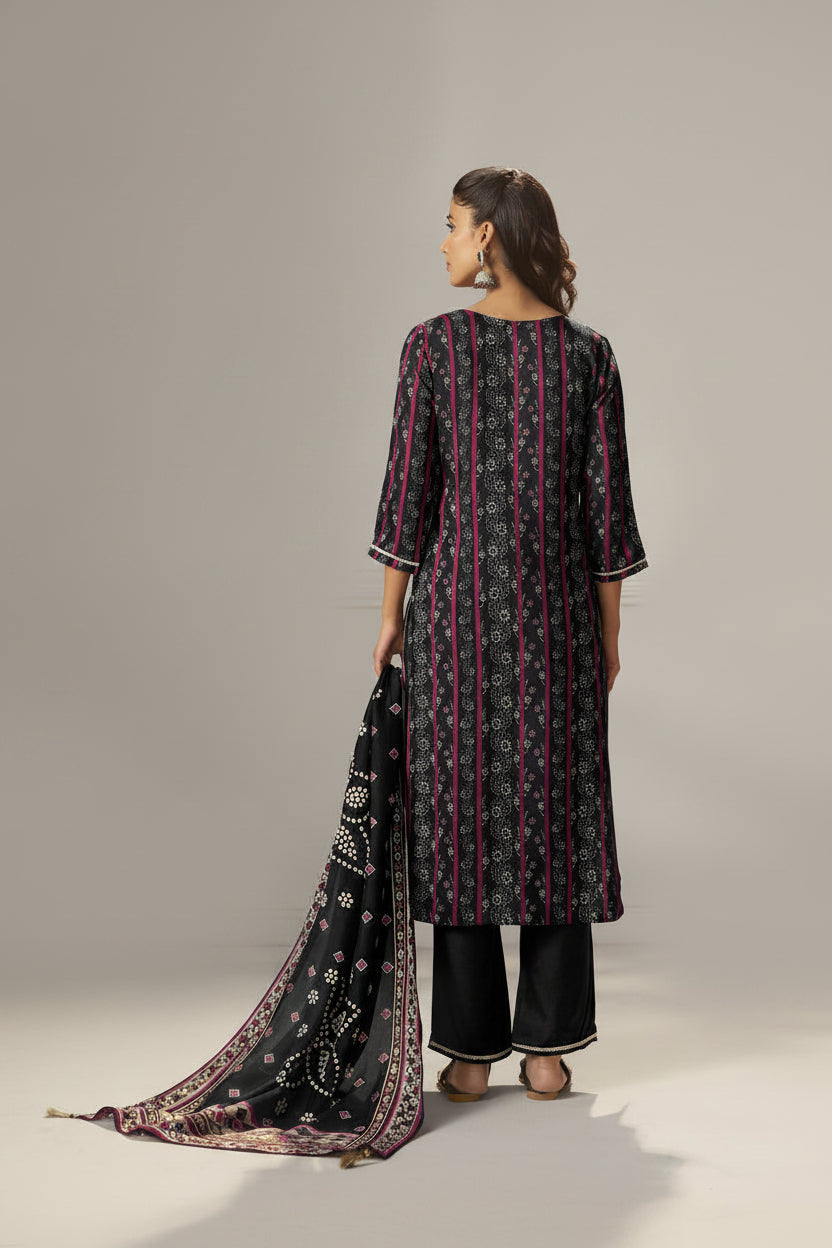 Jet Black Viscose Jacquard Position Print Kurta Set