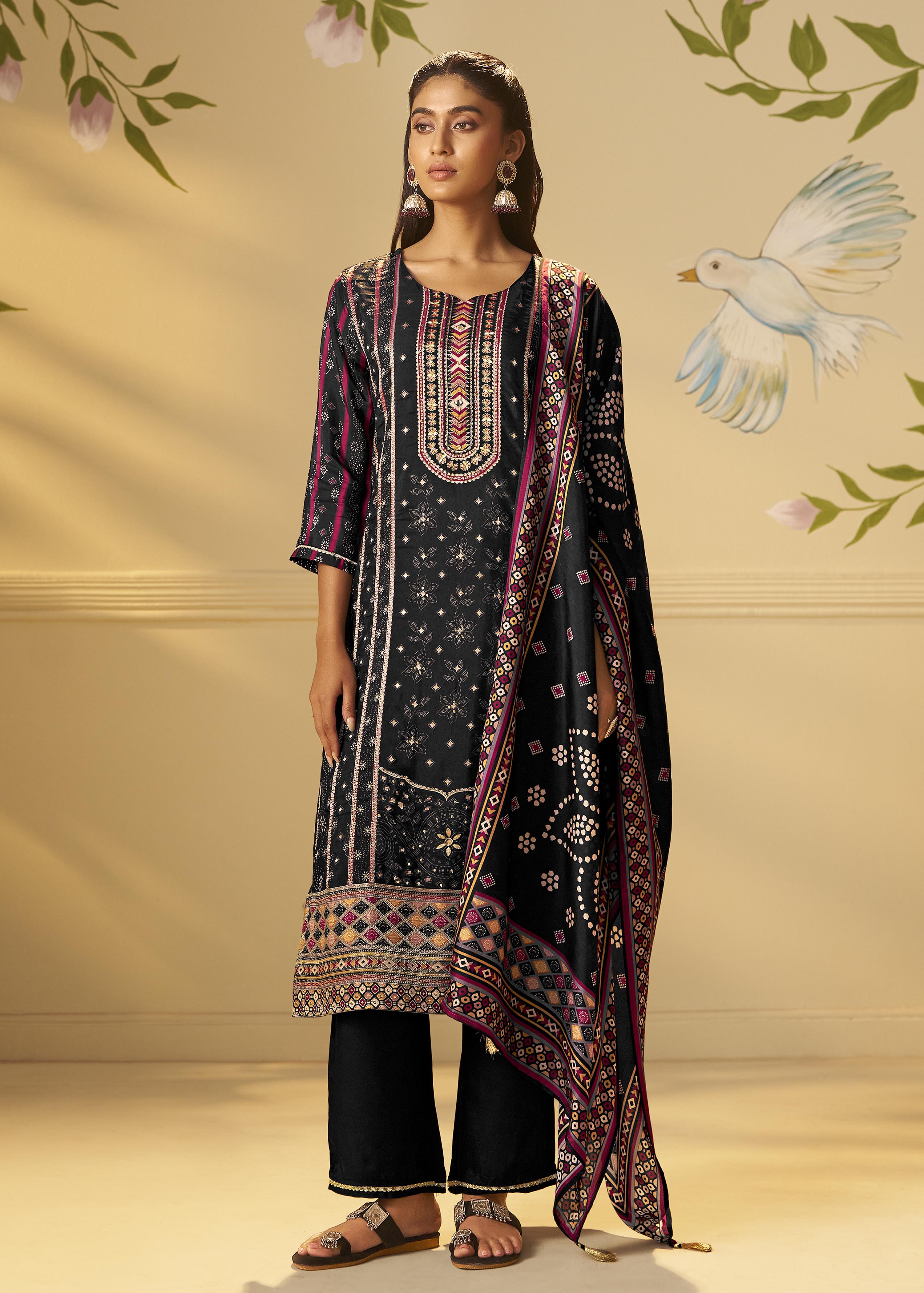 Jet Black Viscose Jacquard Position Print Kurta Set