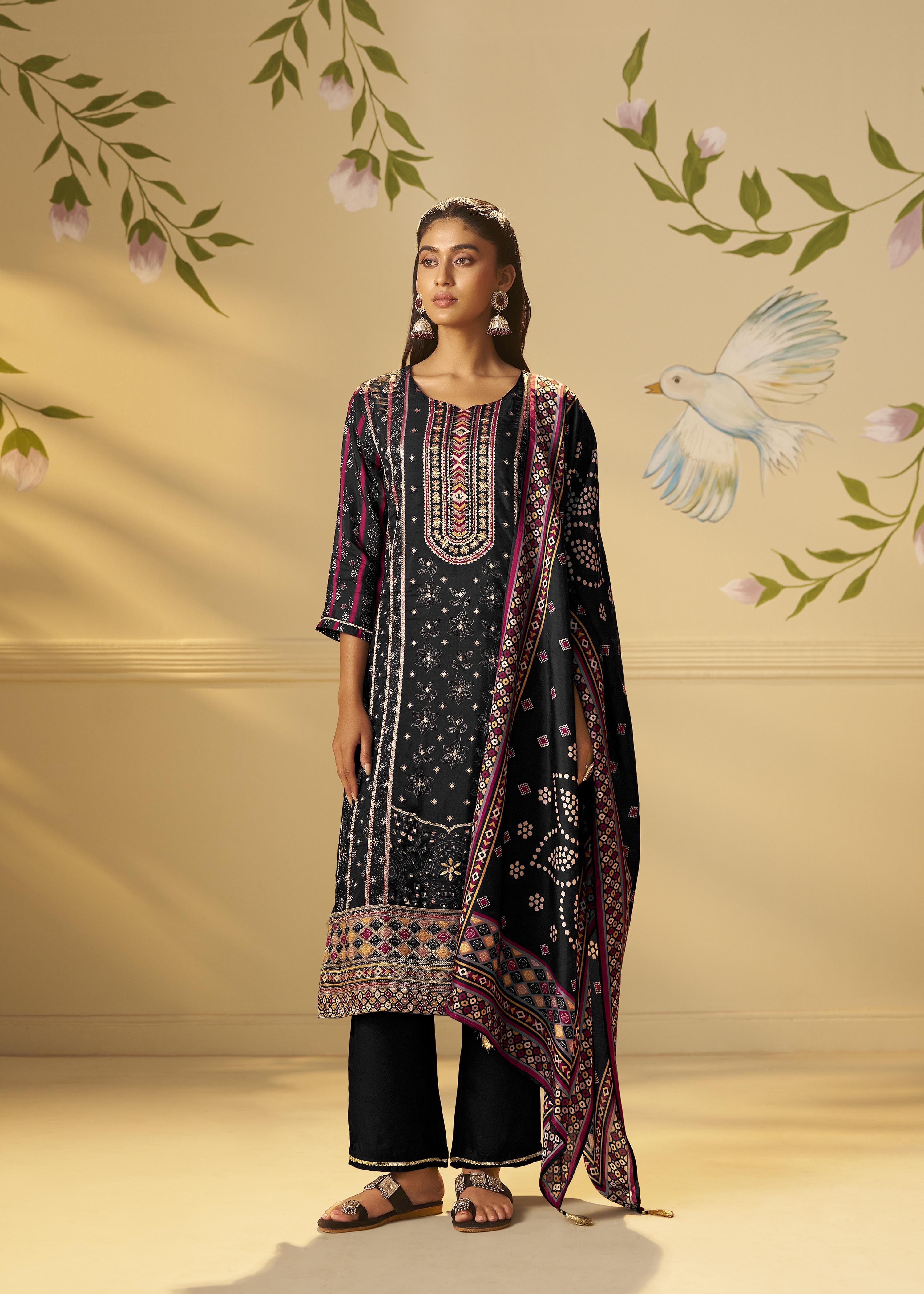 Jet Black Viscose Jacquard Position Print Kurta Set