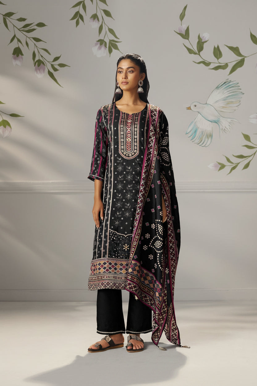 Jet Black Viscose Jacquard Position Print Kurta Set