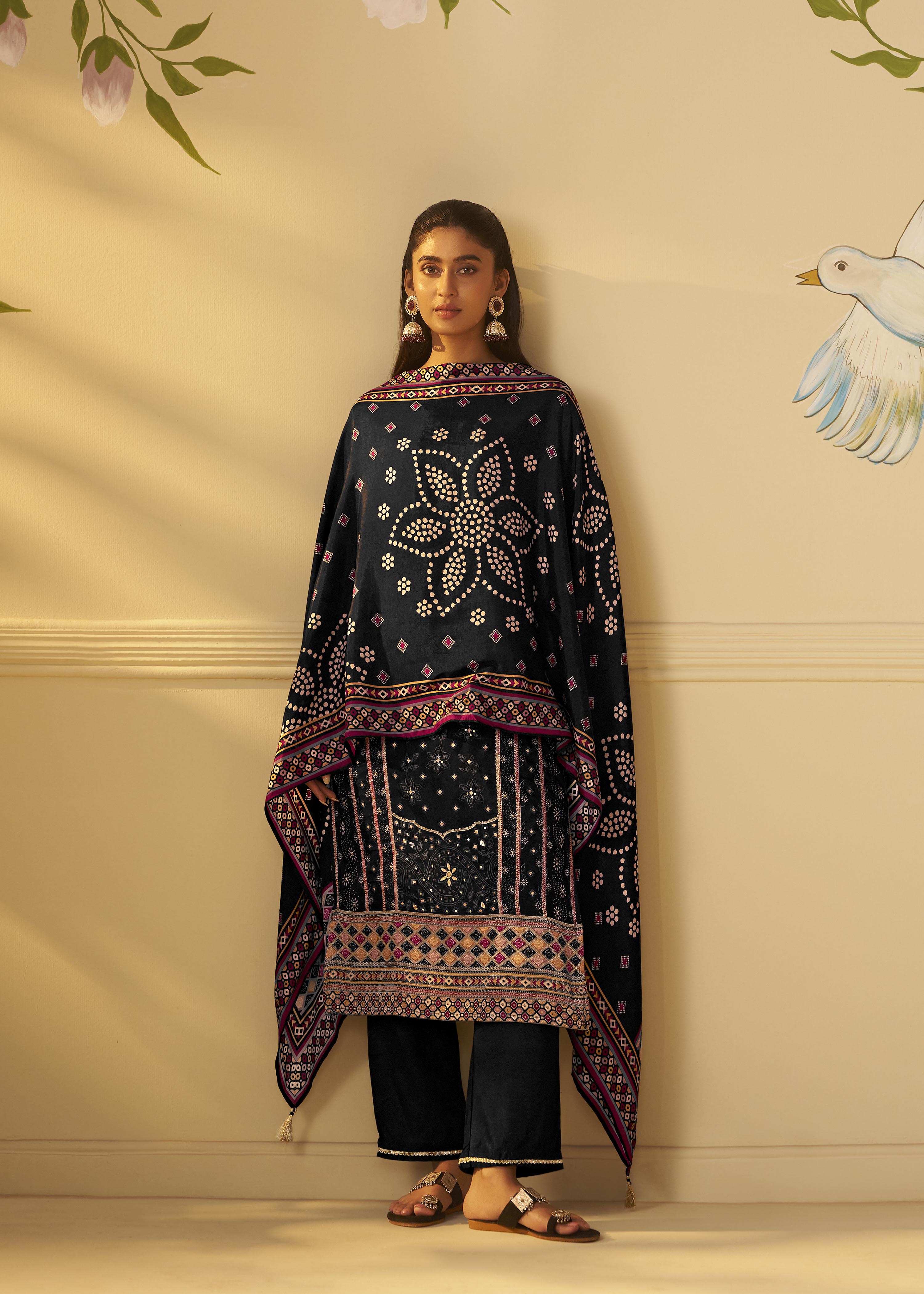 Jet Black Viscose Jacquard Position Print Kurta Set