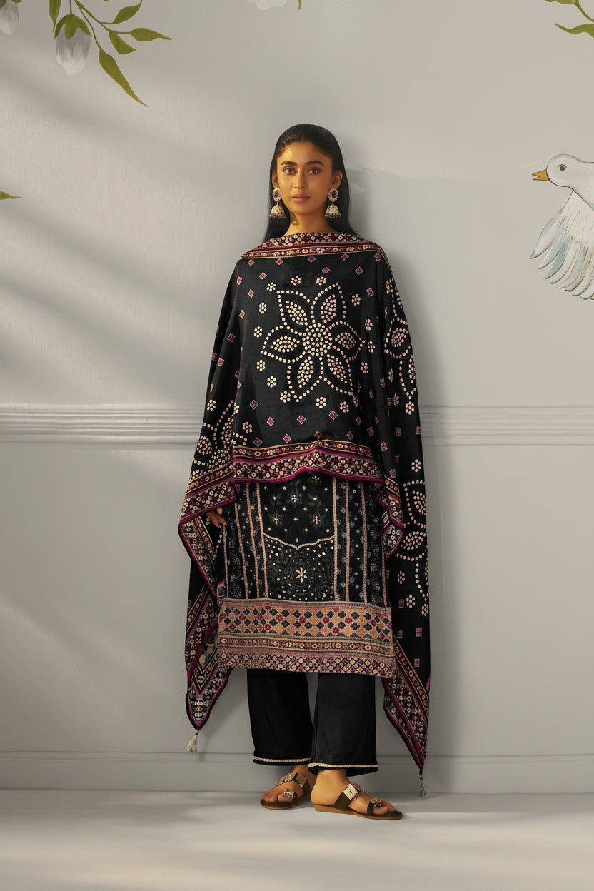 Jet Black Viscose Jacquard Position Print Kurta Set