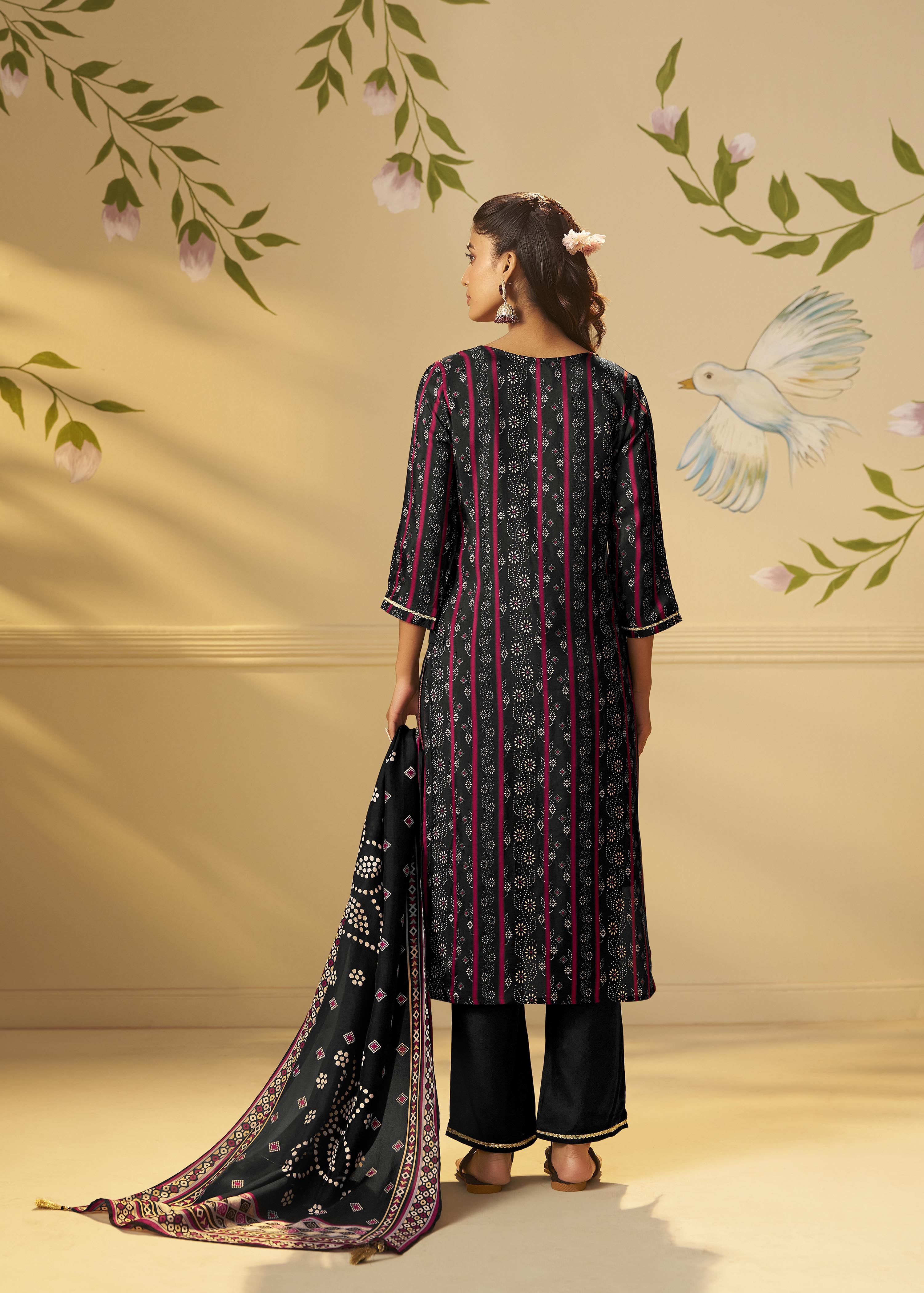 Jet Black Viscose Jacquard Position Print Kurta Set