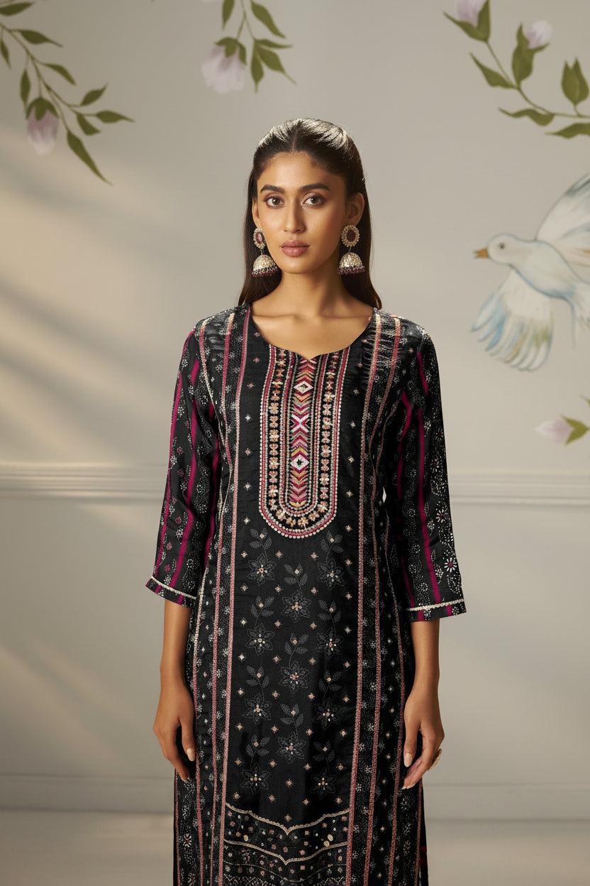 Jet Black Viscose Jacquard Position Print Kurta Set