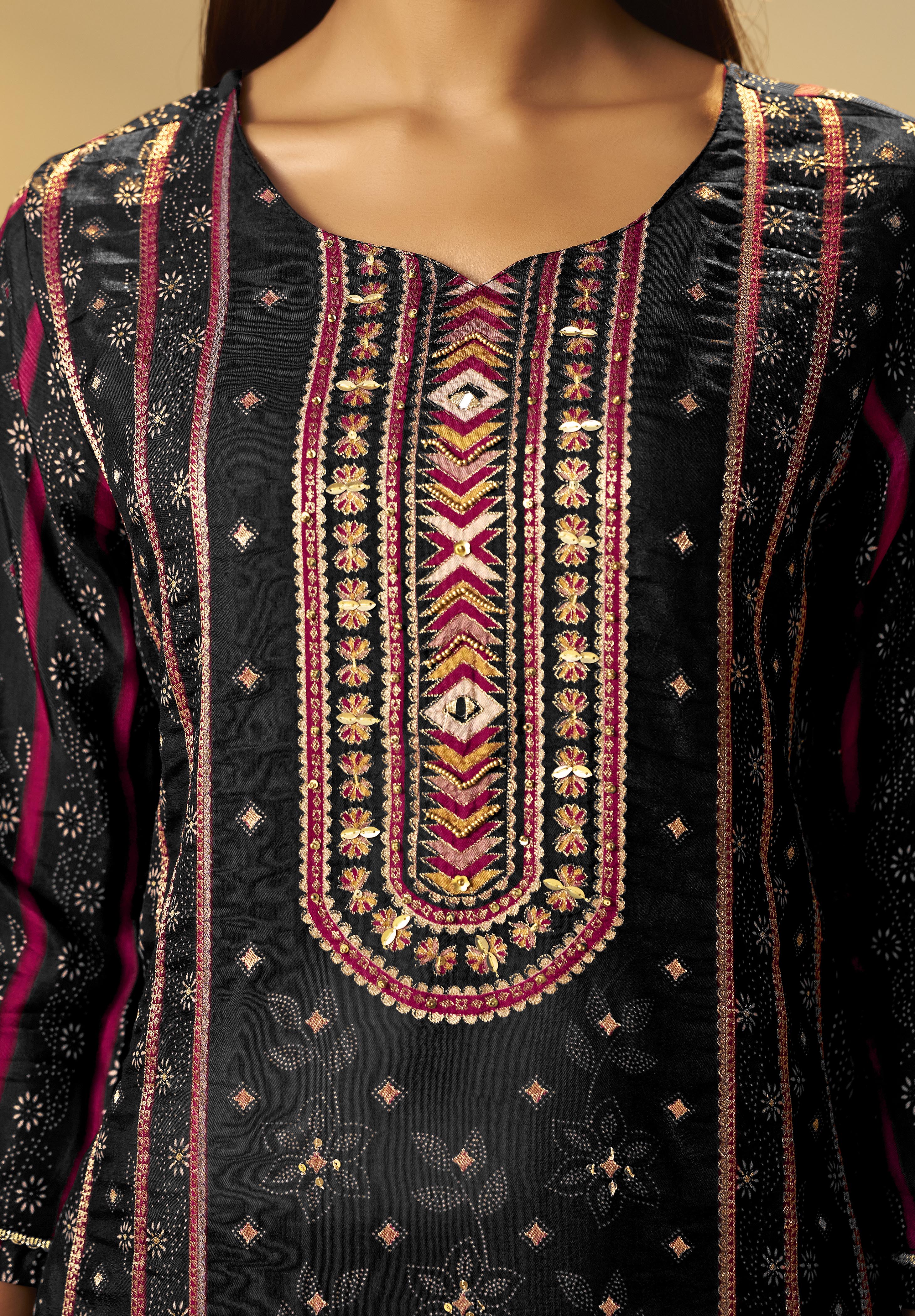 Jet Black Viscose Jacquard Position Print Kurta Set