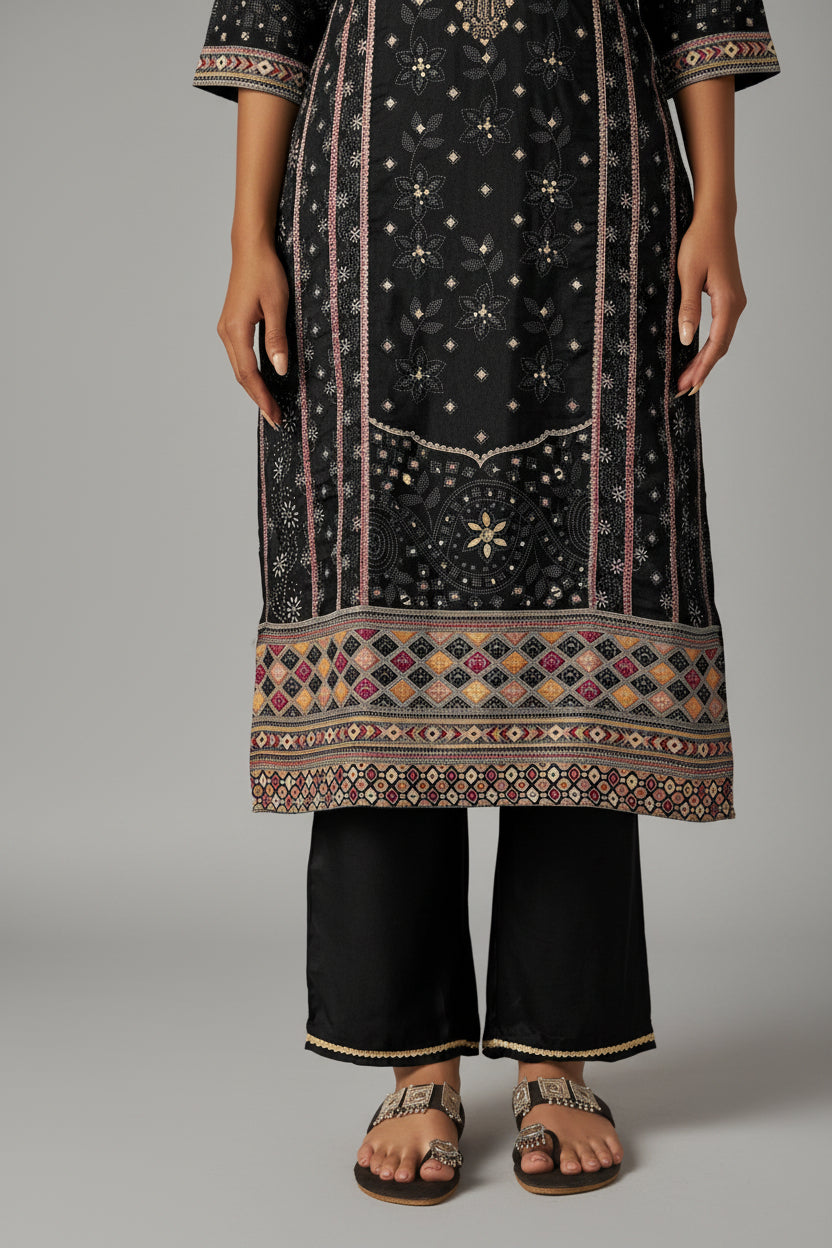 Jet Black Viscose Jacquard Position Print Kurta Set