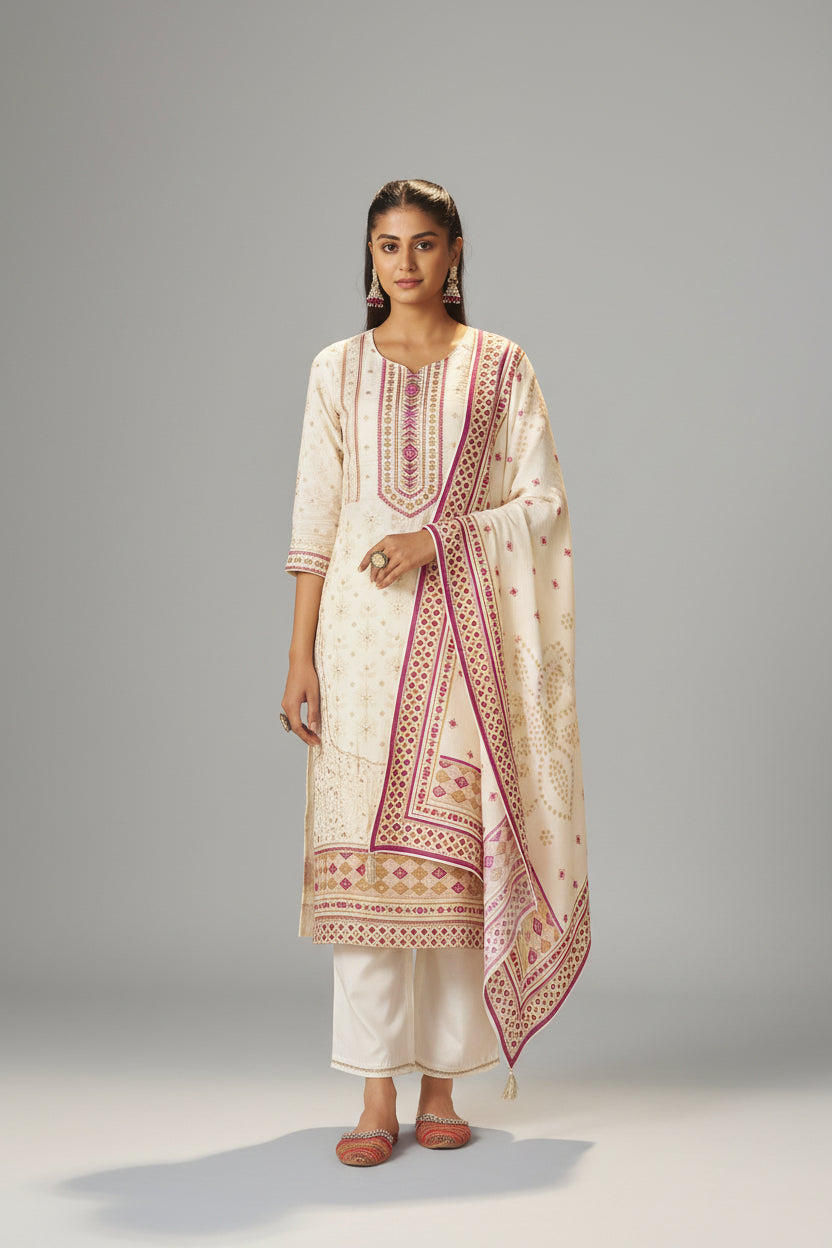 Cream White Viscose Jacquard Position Print Kurta Set