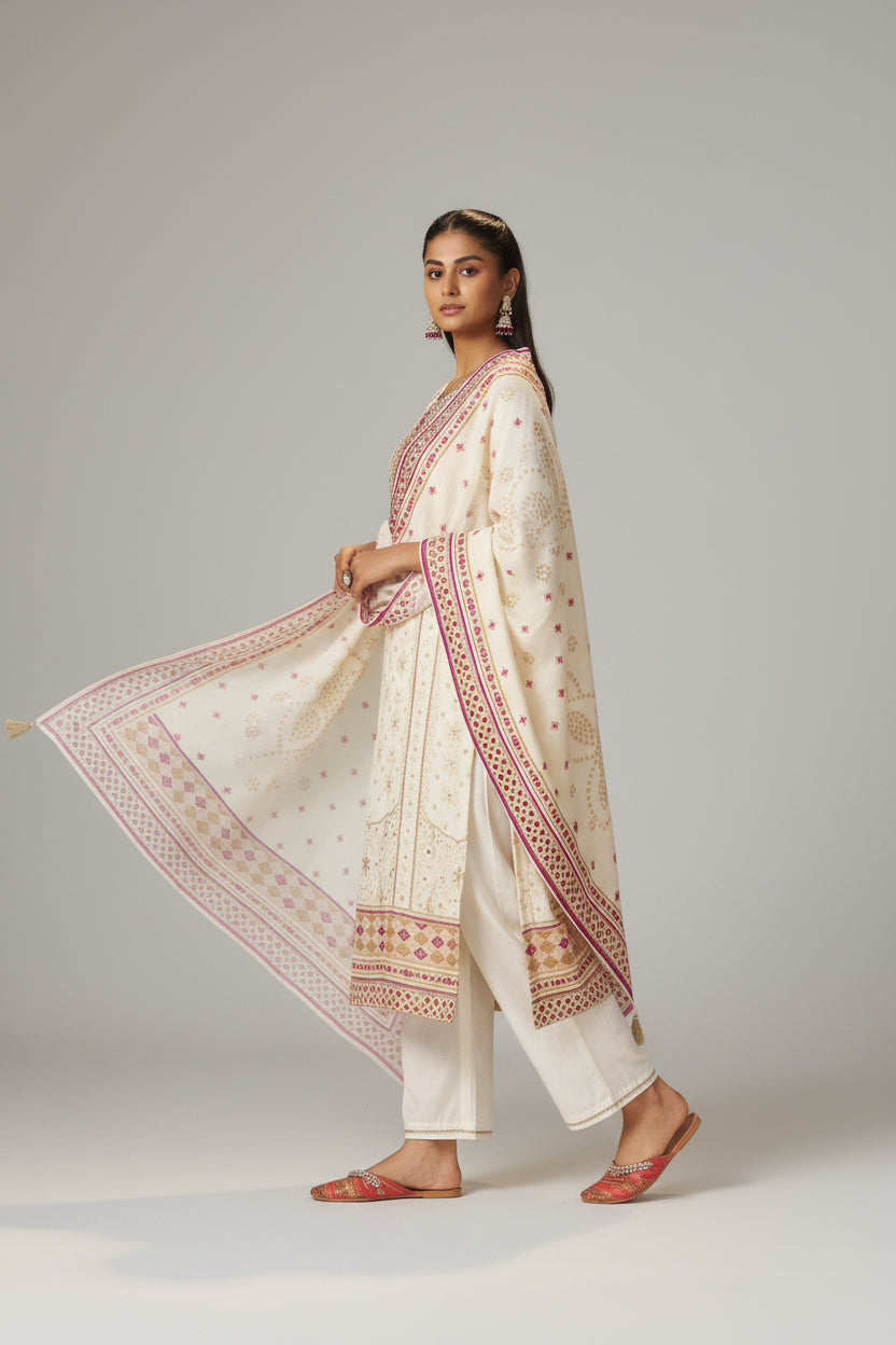 Cream White Viscose Jacquard Position Print Kurta Set