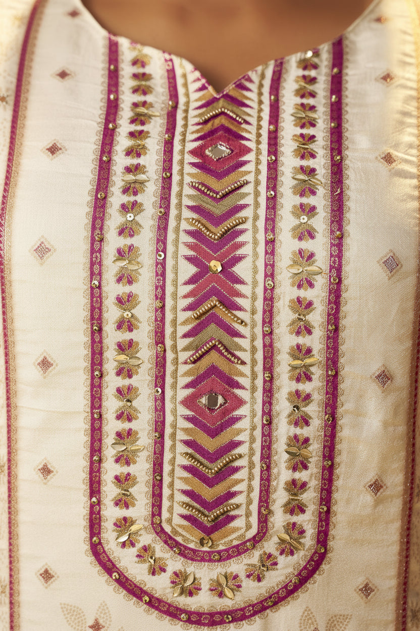 Cream White Viscose Jacquard Position Print Kurta Set