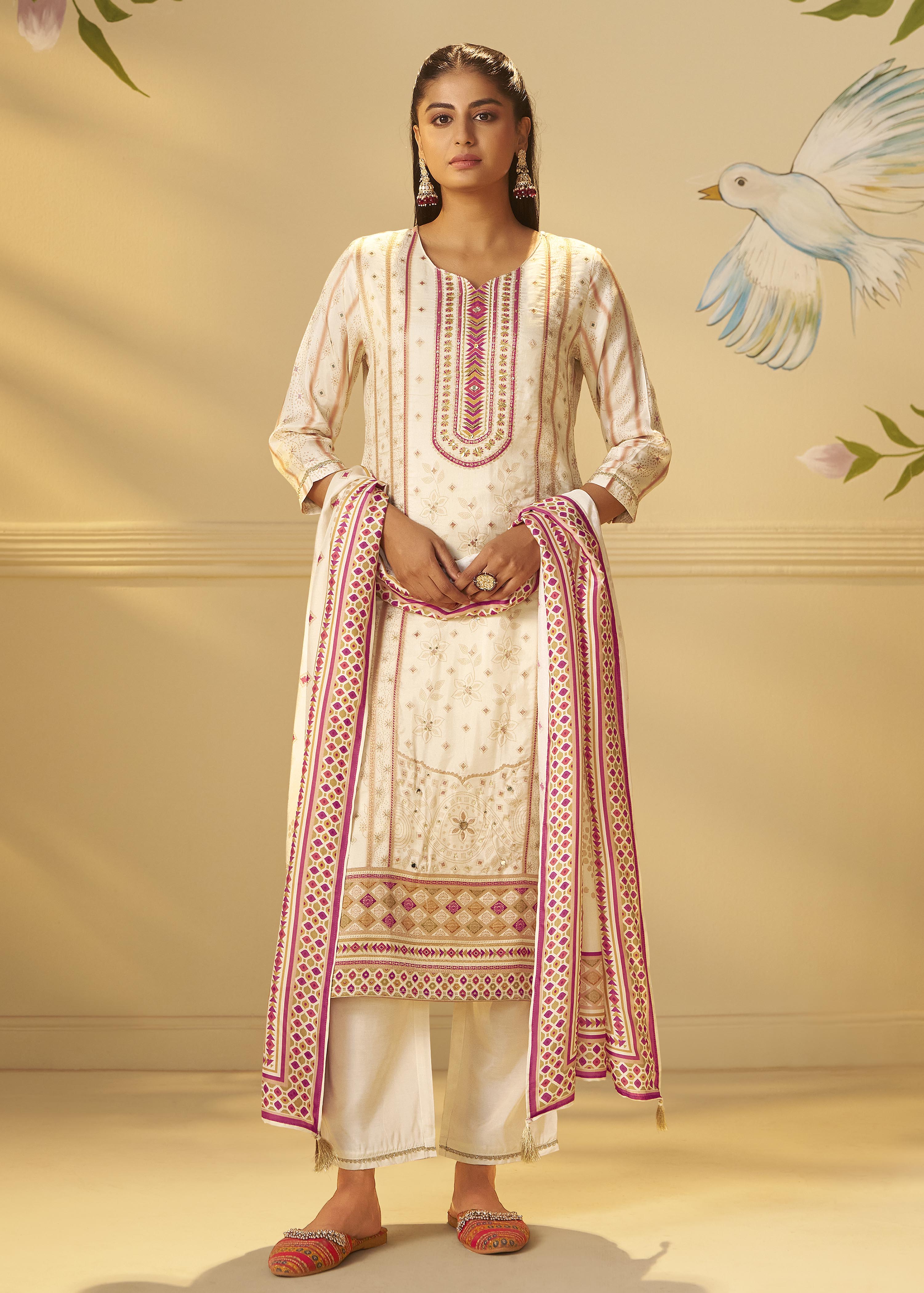 Cream White Viscose Jacquard Position Print Kurta Set