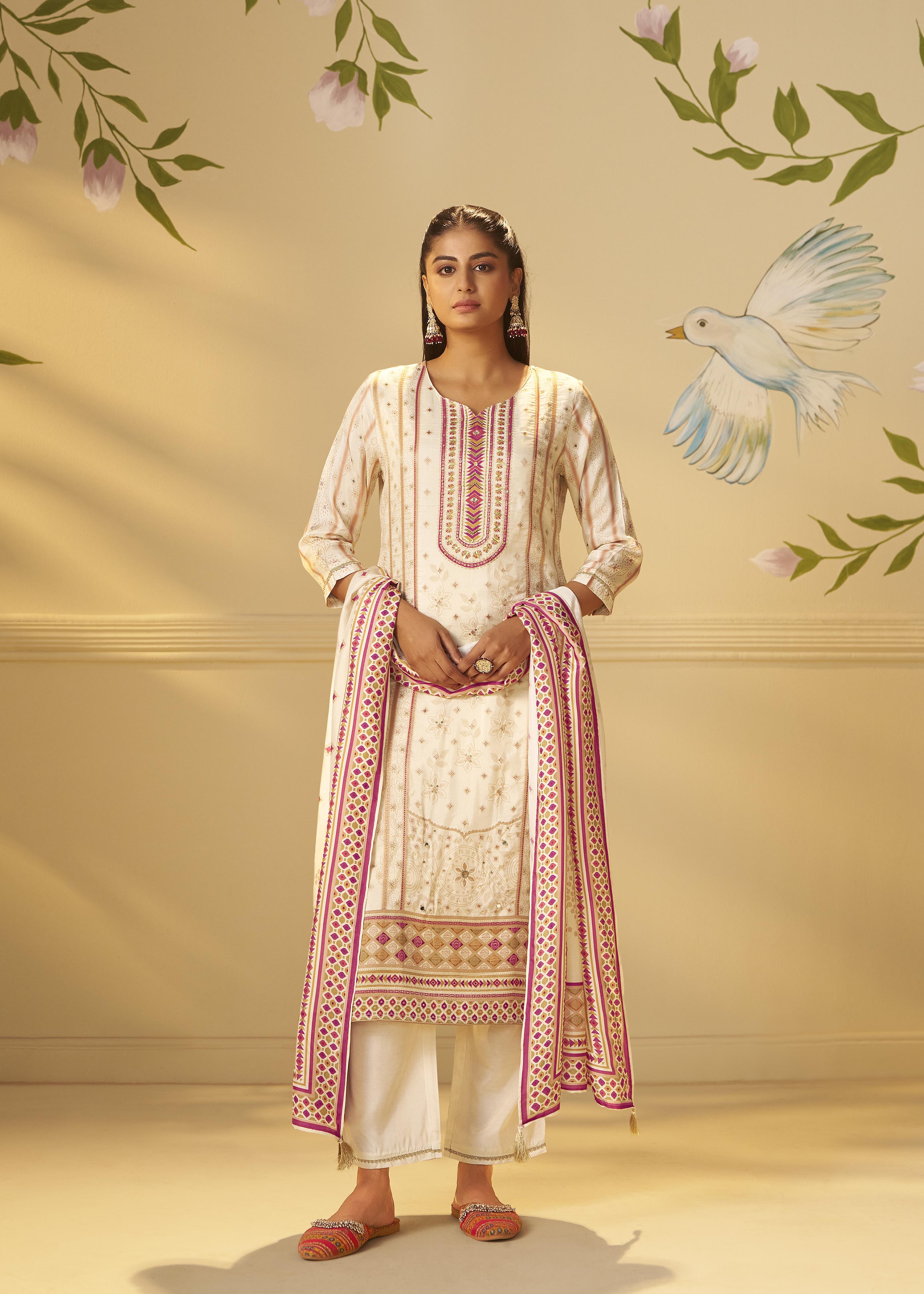 Cream White Viscose Jacquard Position Print Kurta Set