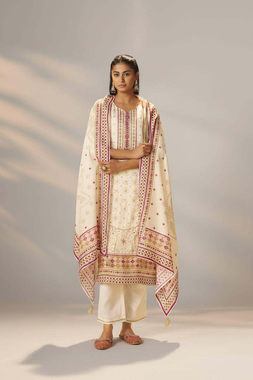 Cream White Viscose Jacquard Position Print Kurta Set