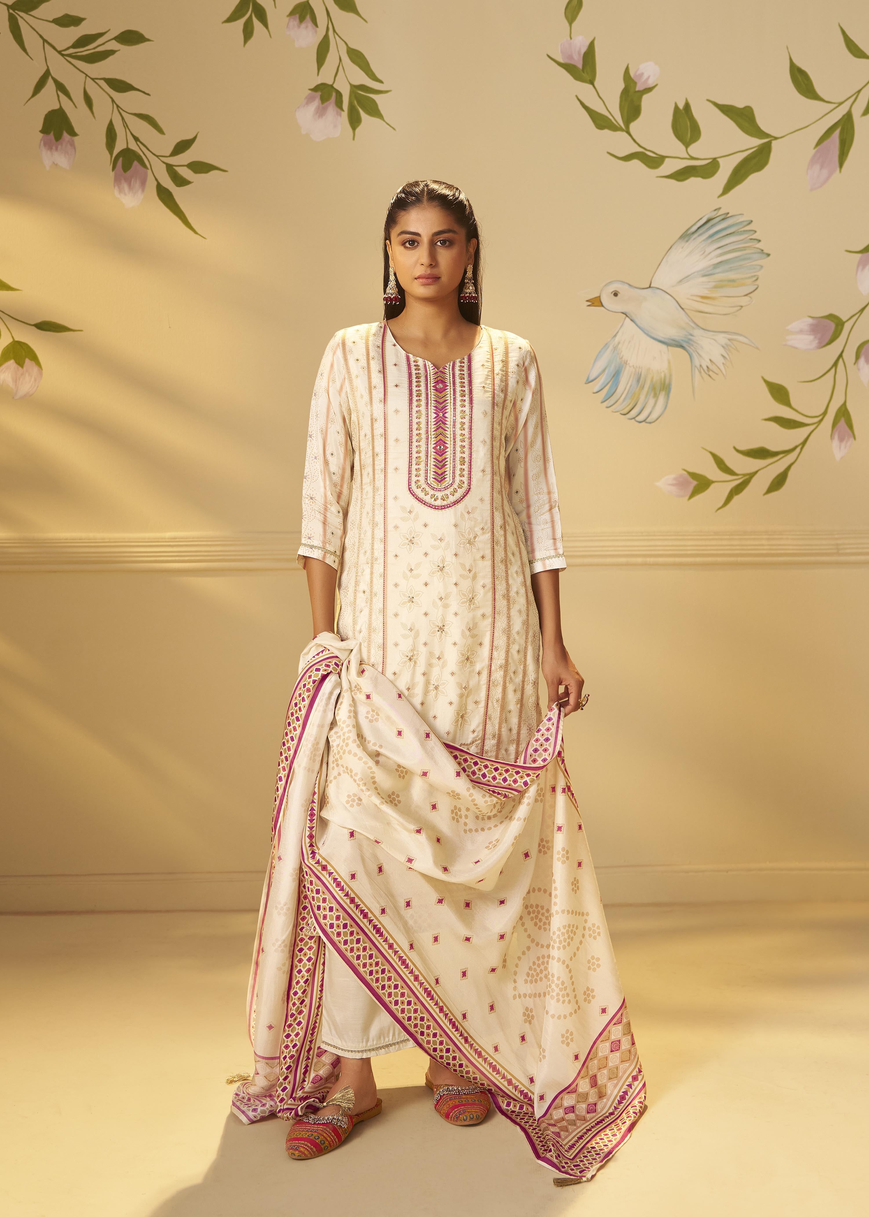 Cream White Viscose Jacquard Position Print Kurta Set