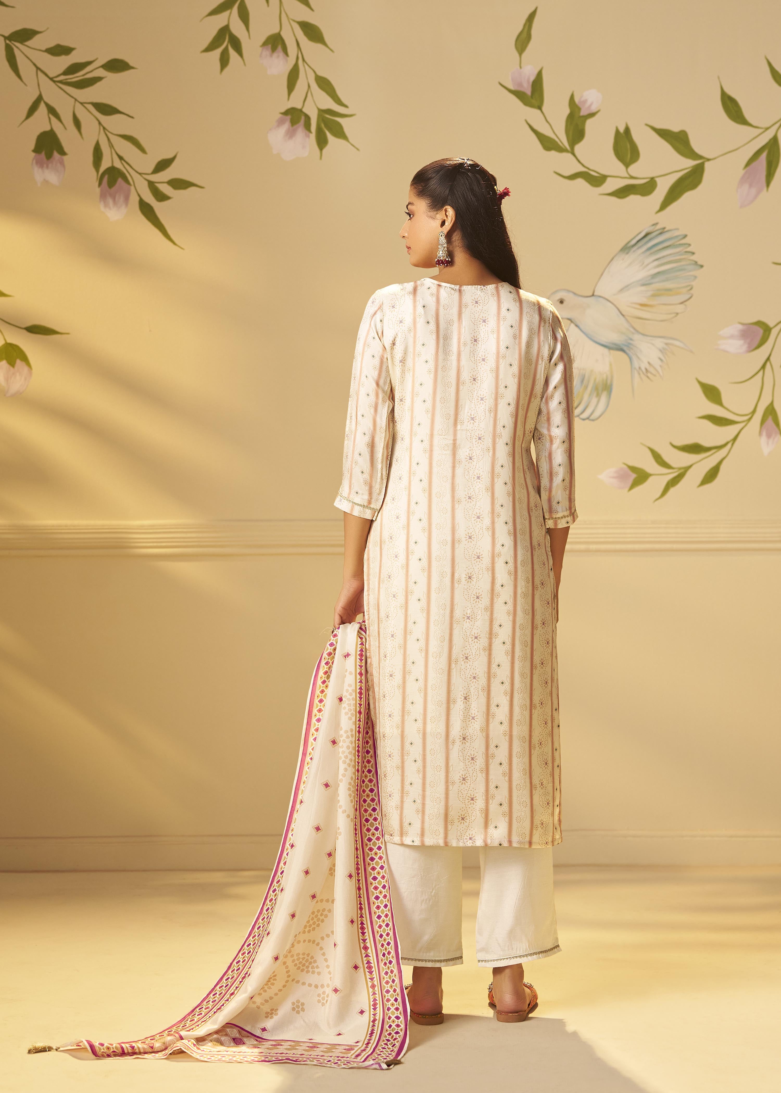 Cream White Viscose Jacquard Position Print Kurta Set