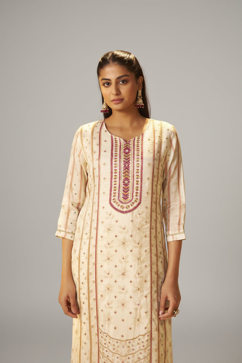 Cream White Viscose Jacquard Position Print Kurta Set