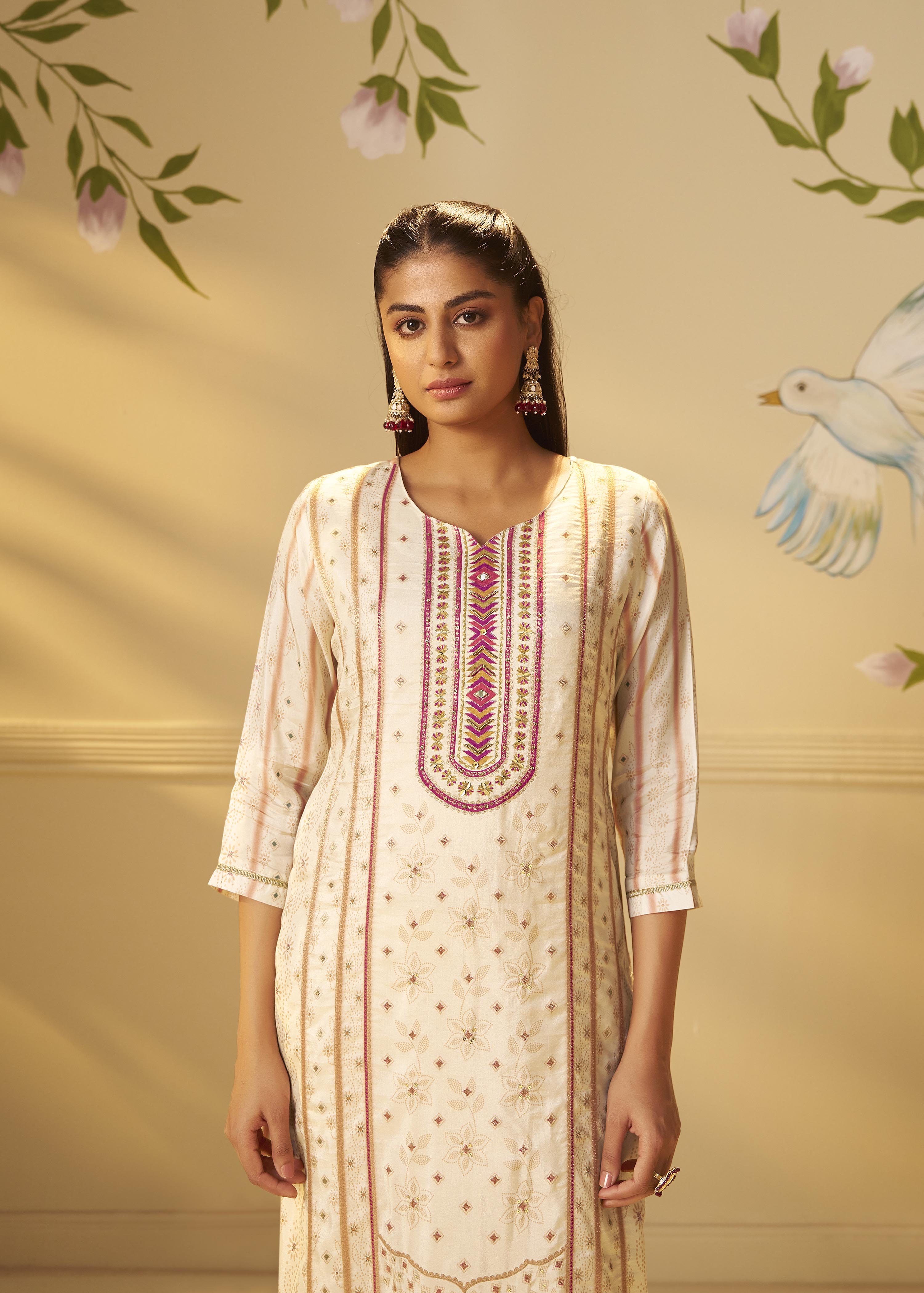 Cream White Viscose Jacquard Position Print Kurta Set