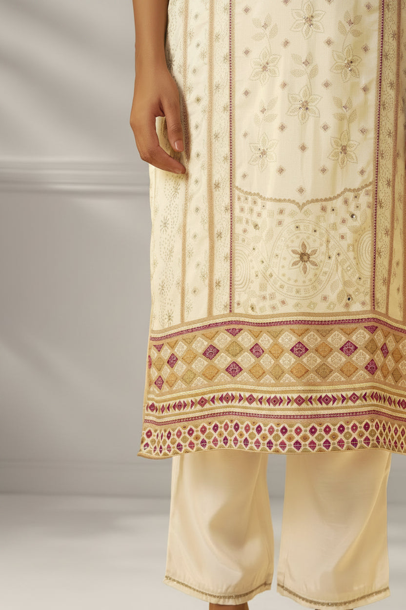 Cream White Viscose Jacquard Position Print Kurta Set