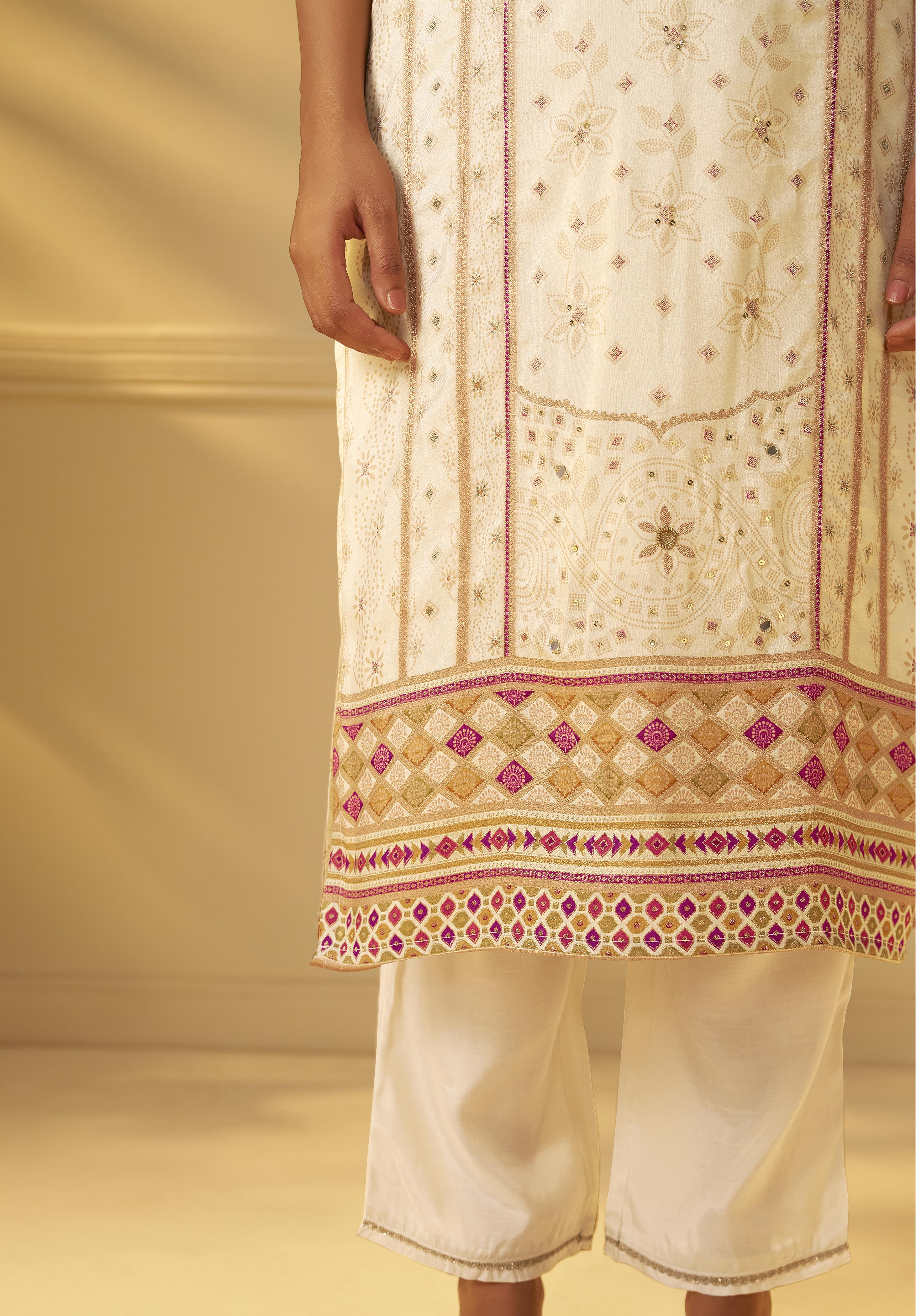 Cream White Viscose Jacquard Position Print Kurta Set