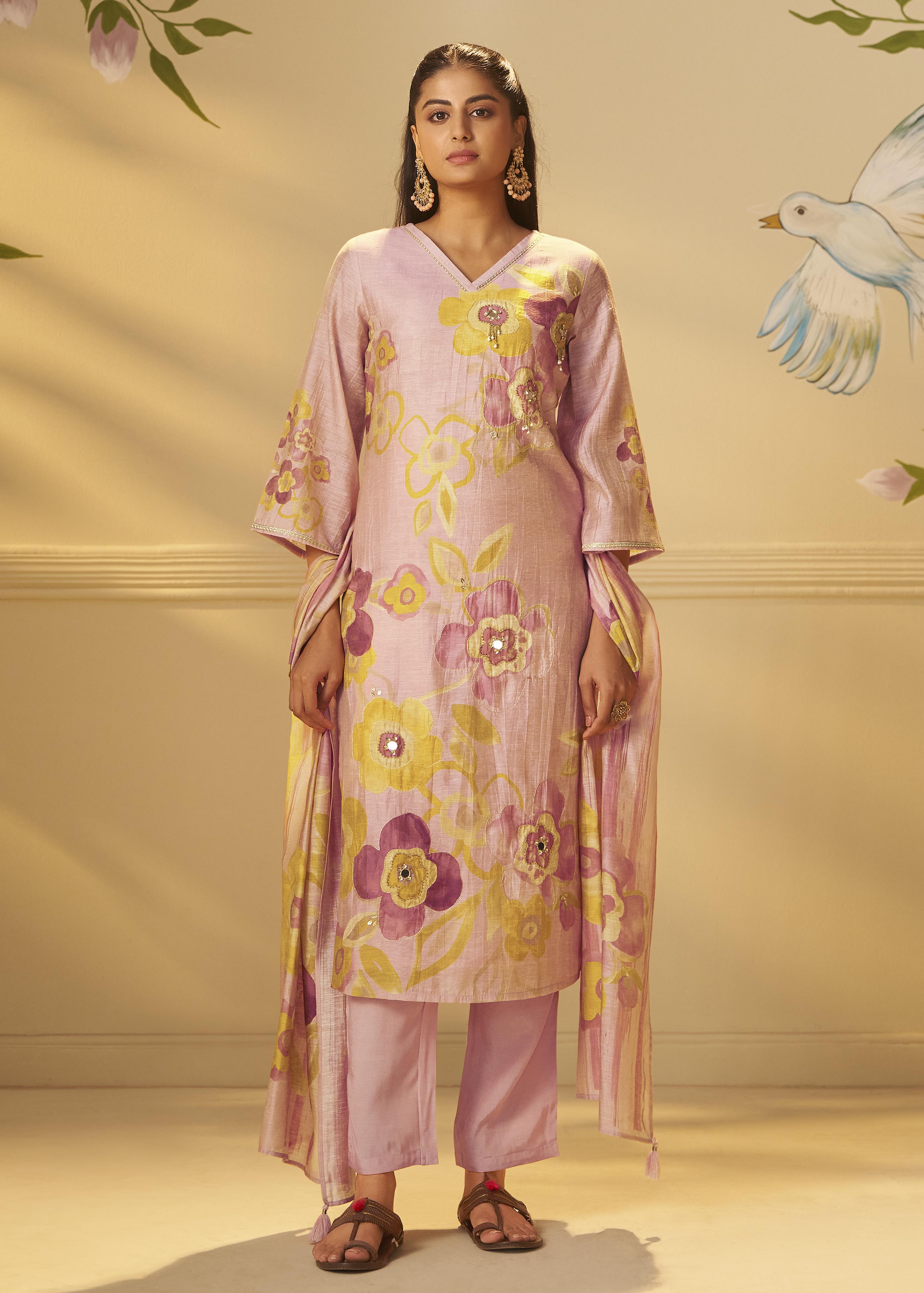 Crystal Rose Shimmer Linen Digital Print Kurta Set