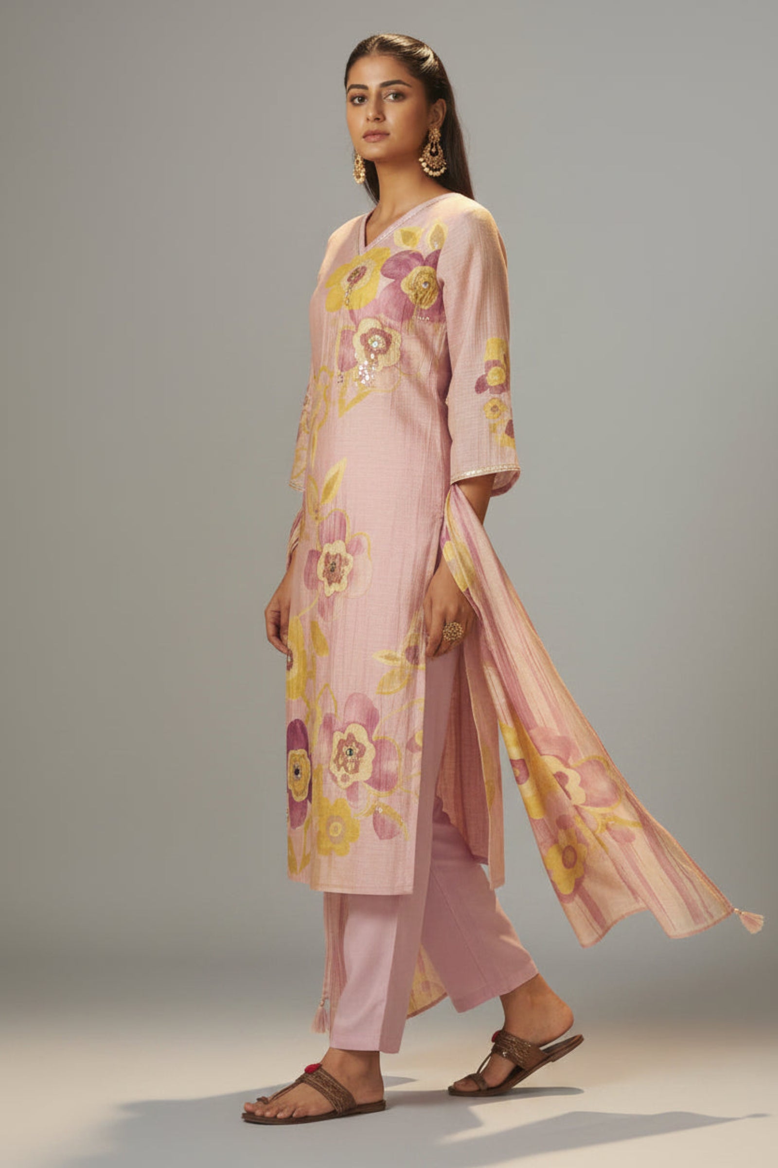 Crystal Rose Shimmer Linen Digital Print Kurta Set