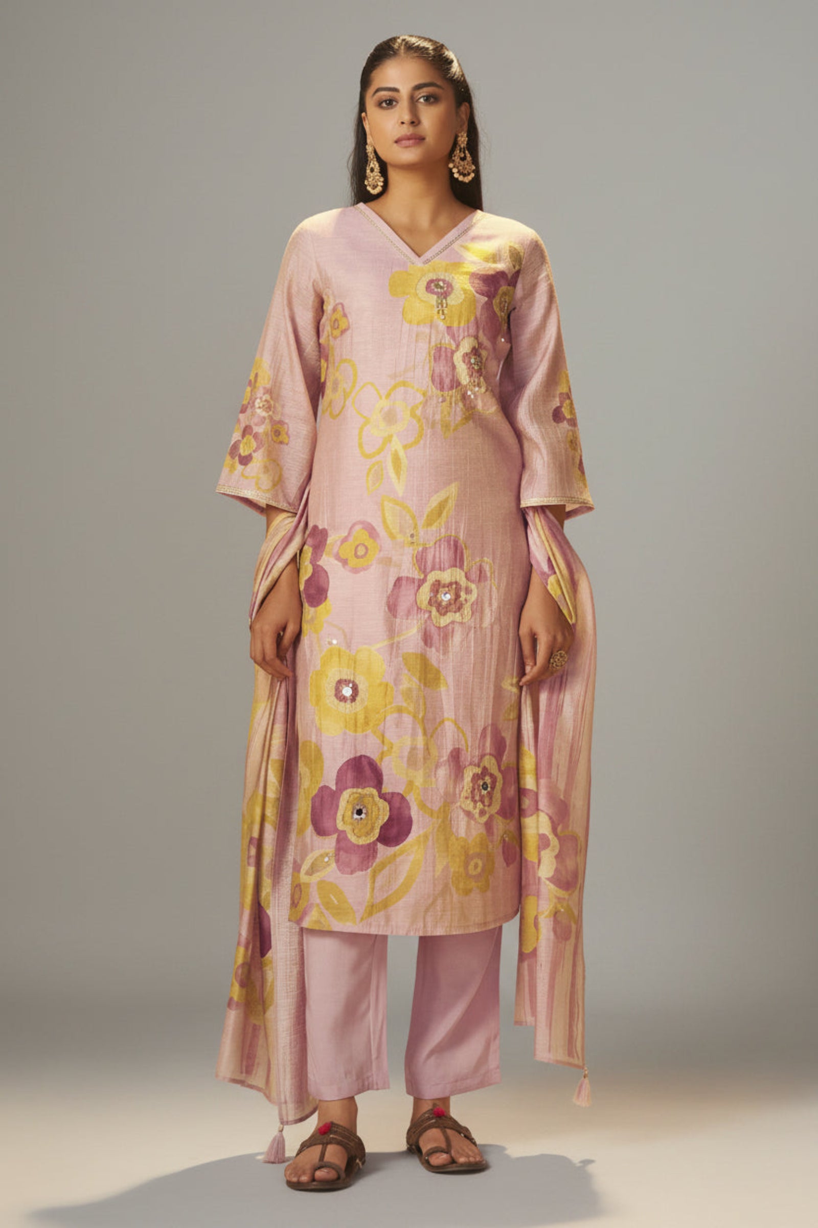 Crystal Rose Shimmer Linen Digital Print Kurta Set