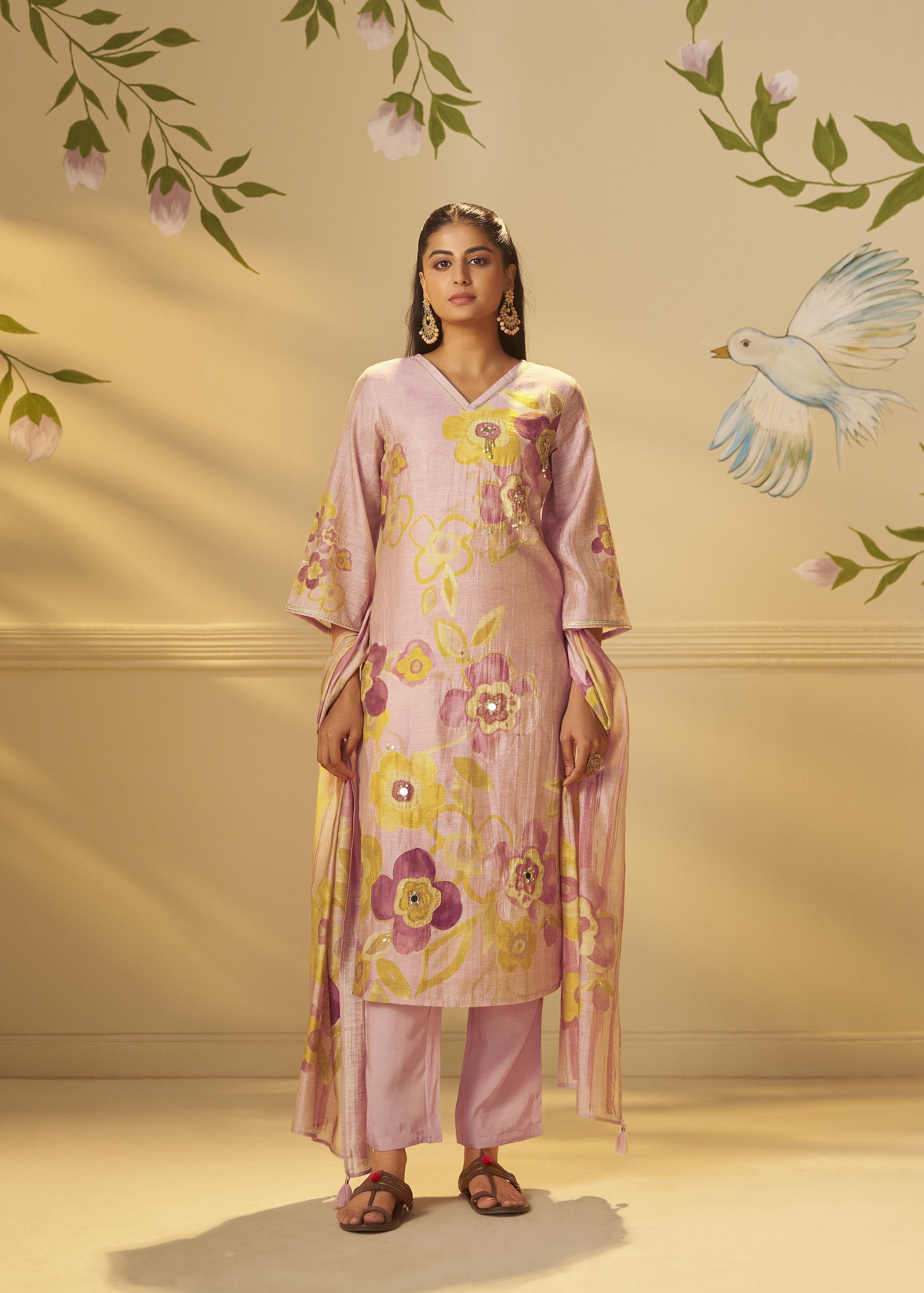 Crystal Rose Shimmer Linen Digital Print Kurta Set