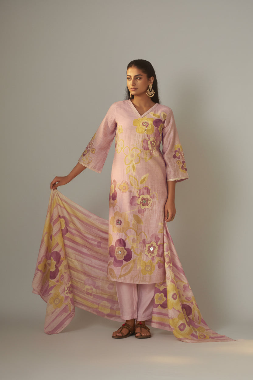 Crystal Rose Shimmer Linen Digital Print Kurta Set