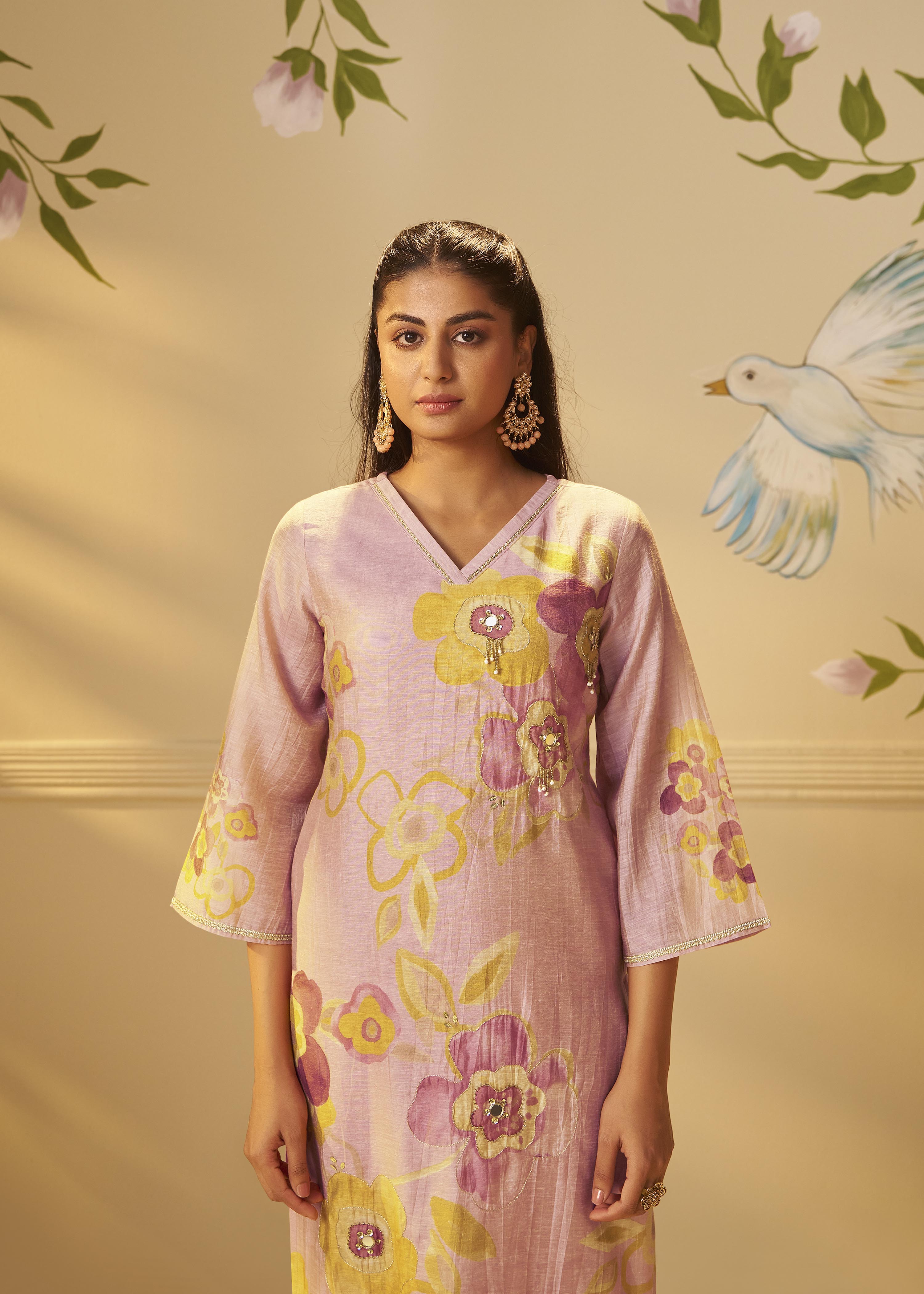 Crystal Rose Shimmer Linen Digital Print Kurta Set