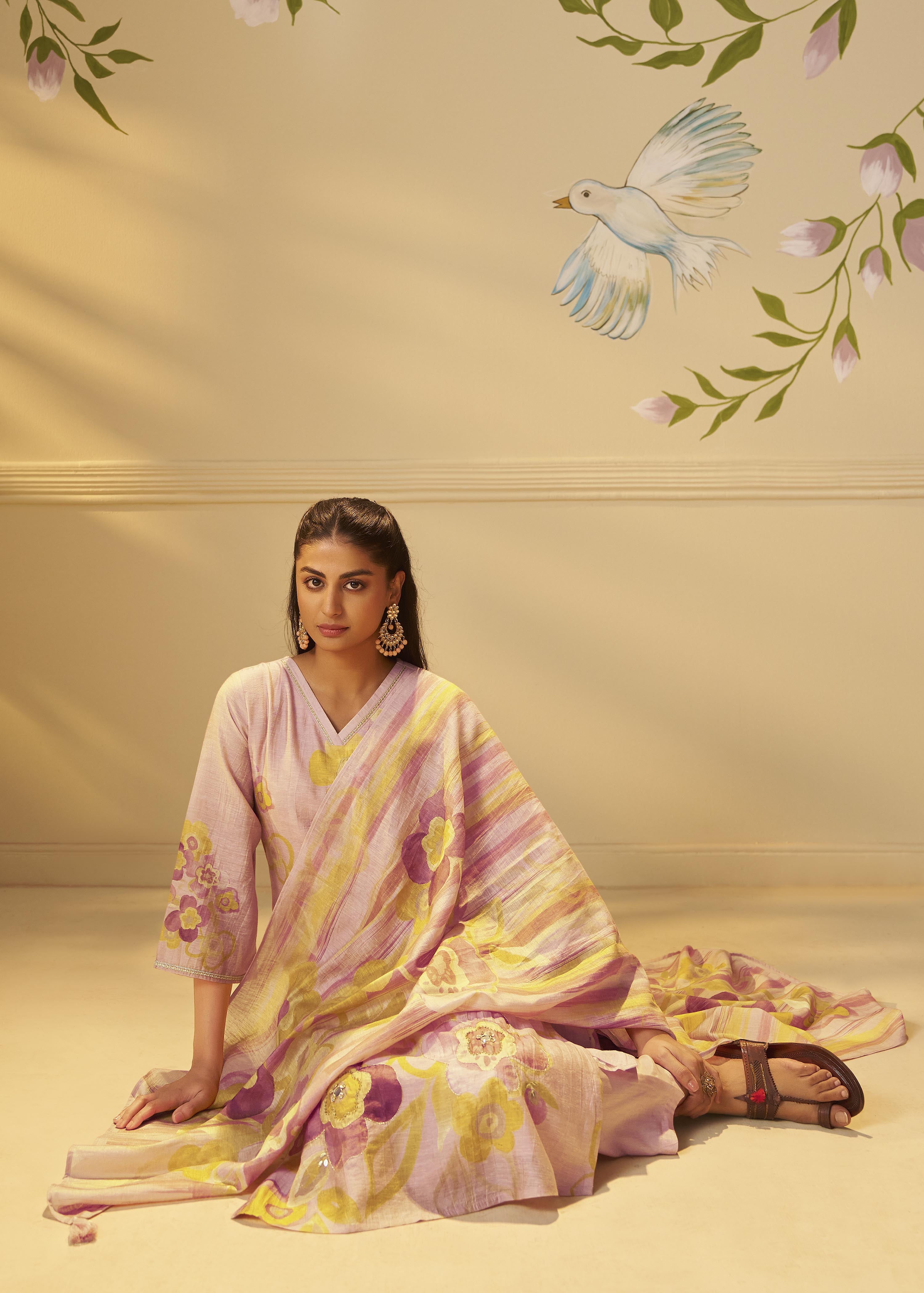 Crystal Rose Shimmer Linen Digital Print Kurta Set