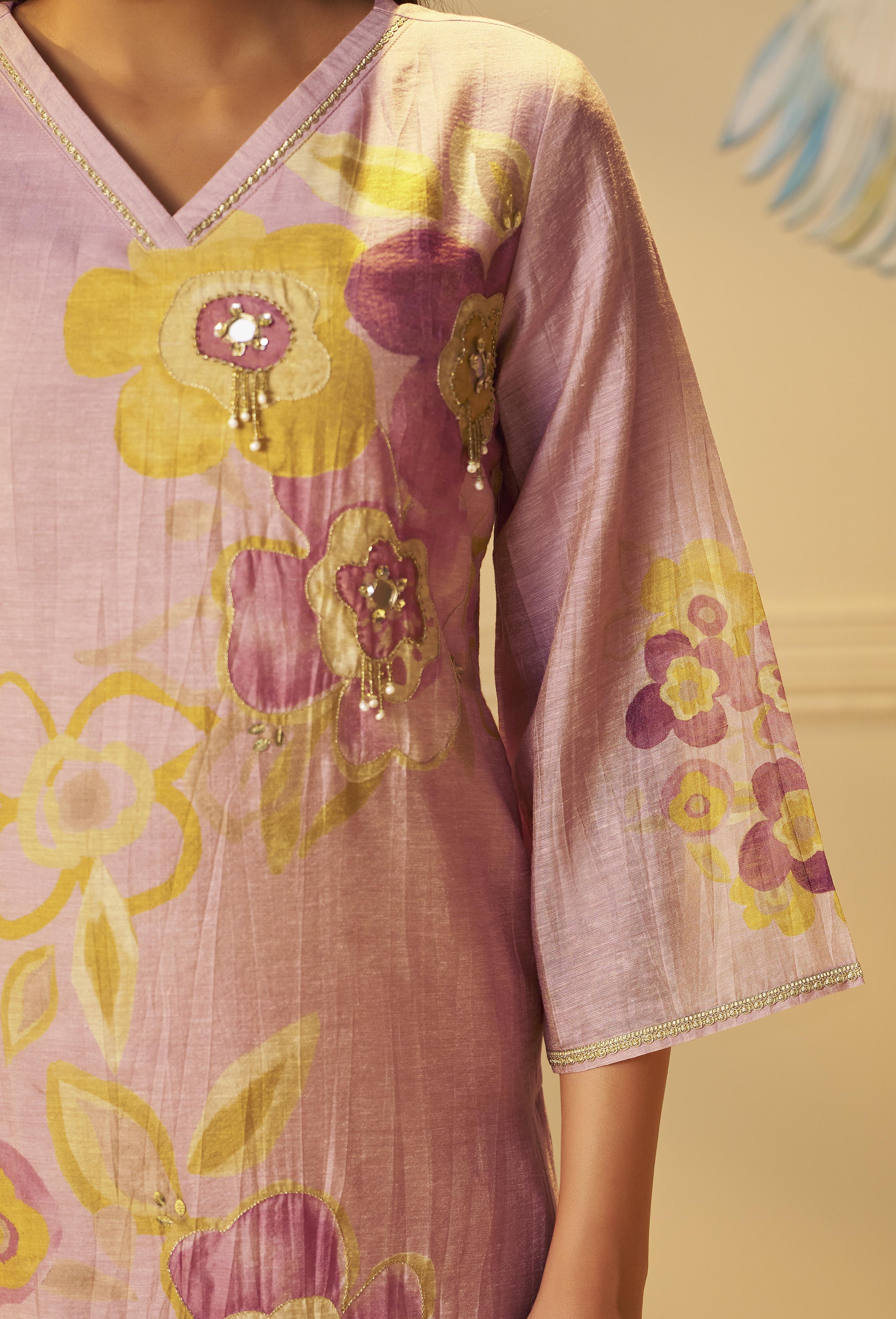 Crystal Rose Shimmer Linen Digital Print Kurta Set