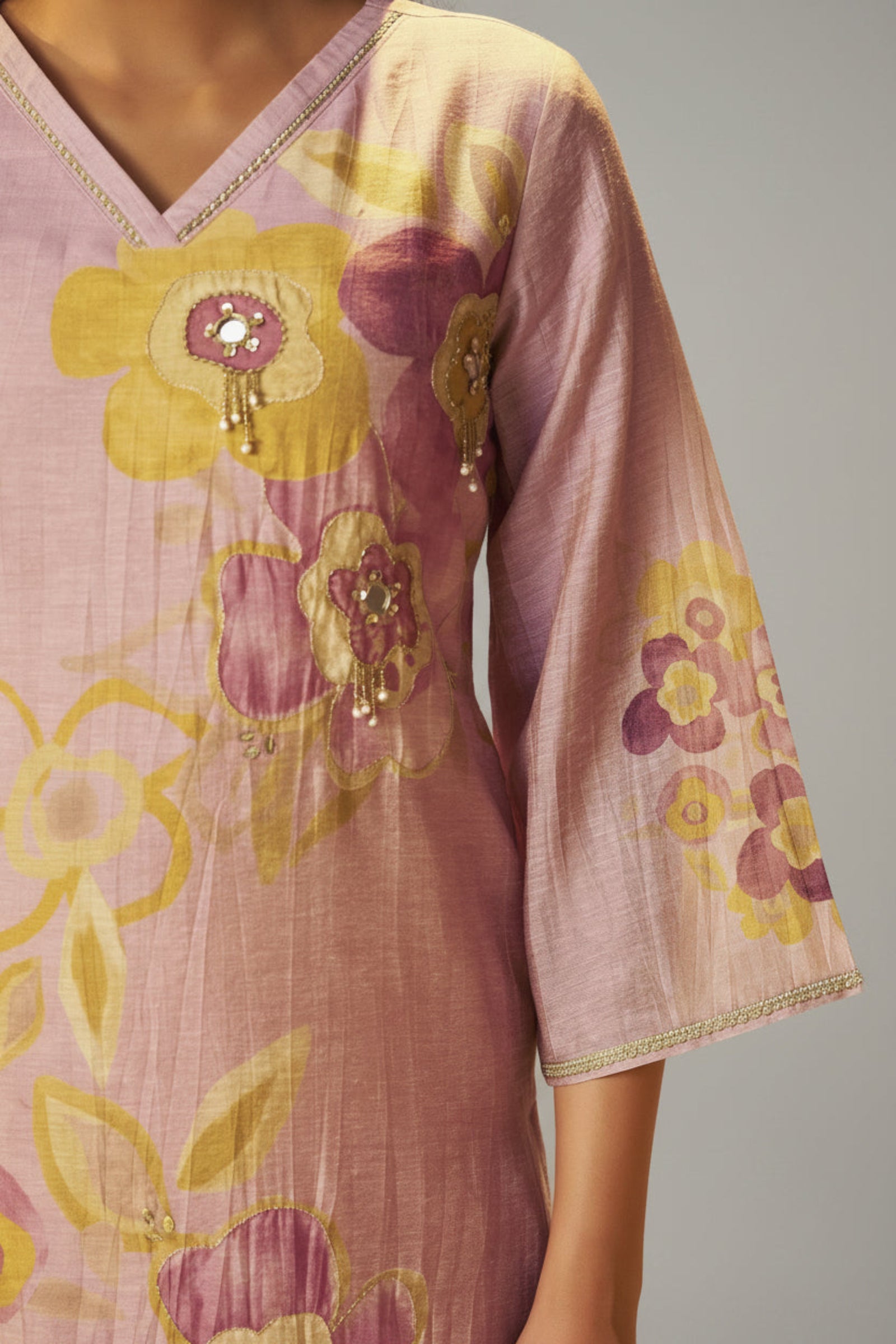 Crystal Rose Shimmer Linen Digital Print Kurta Set