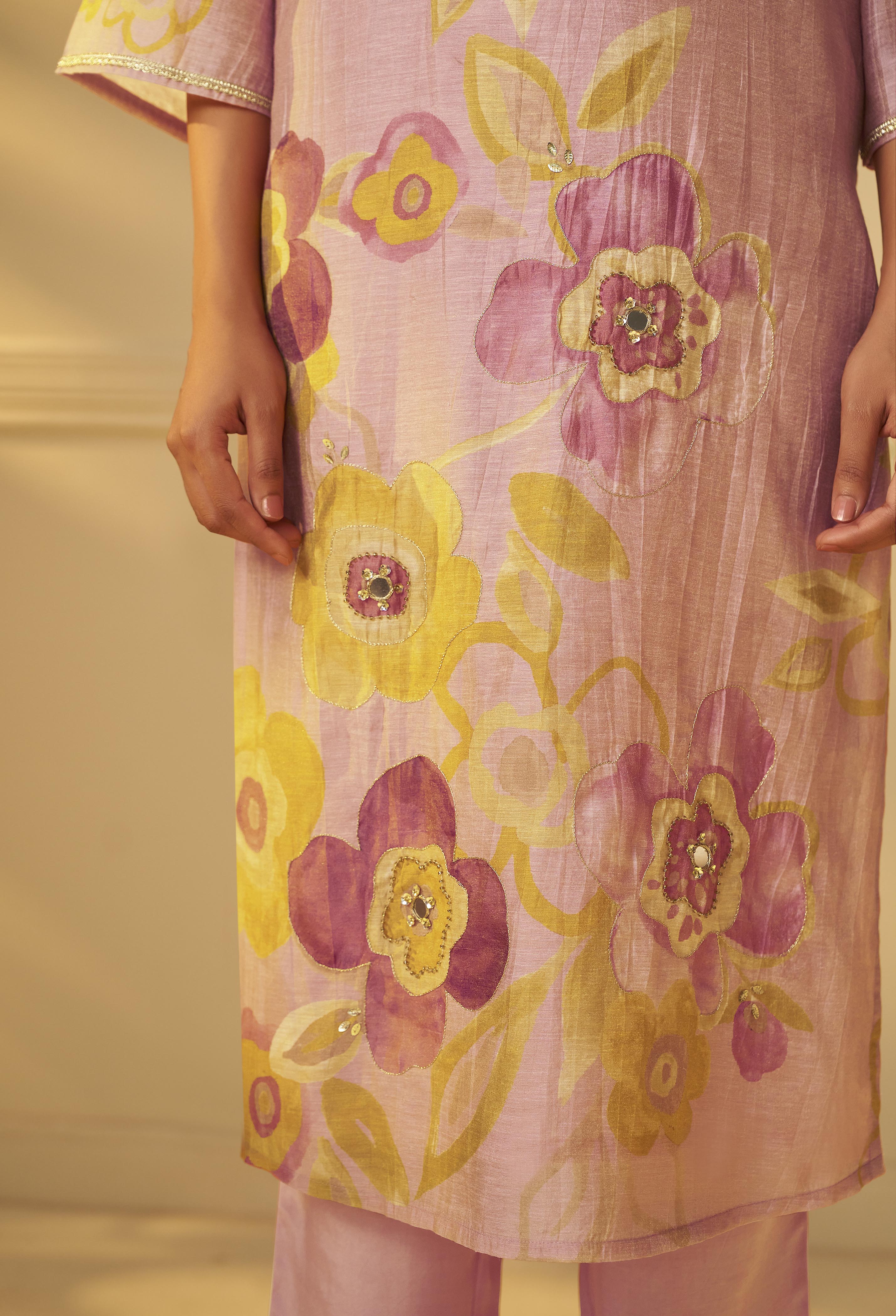 Crystal Rose Shimmer Linen Digital Print Kurta Set