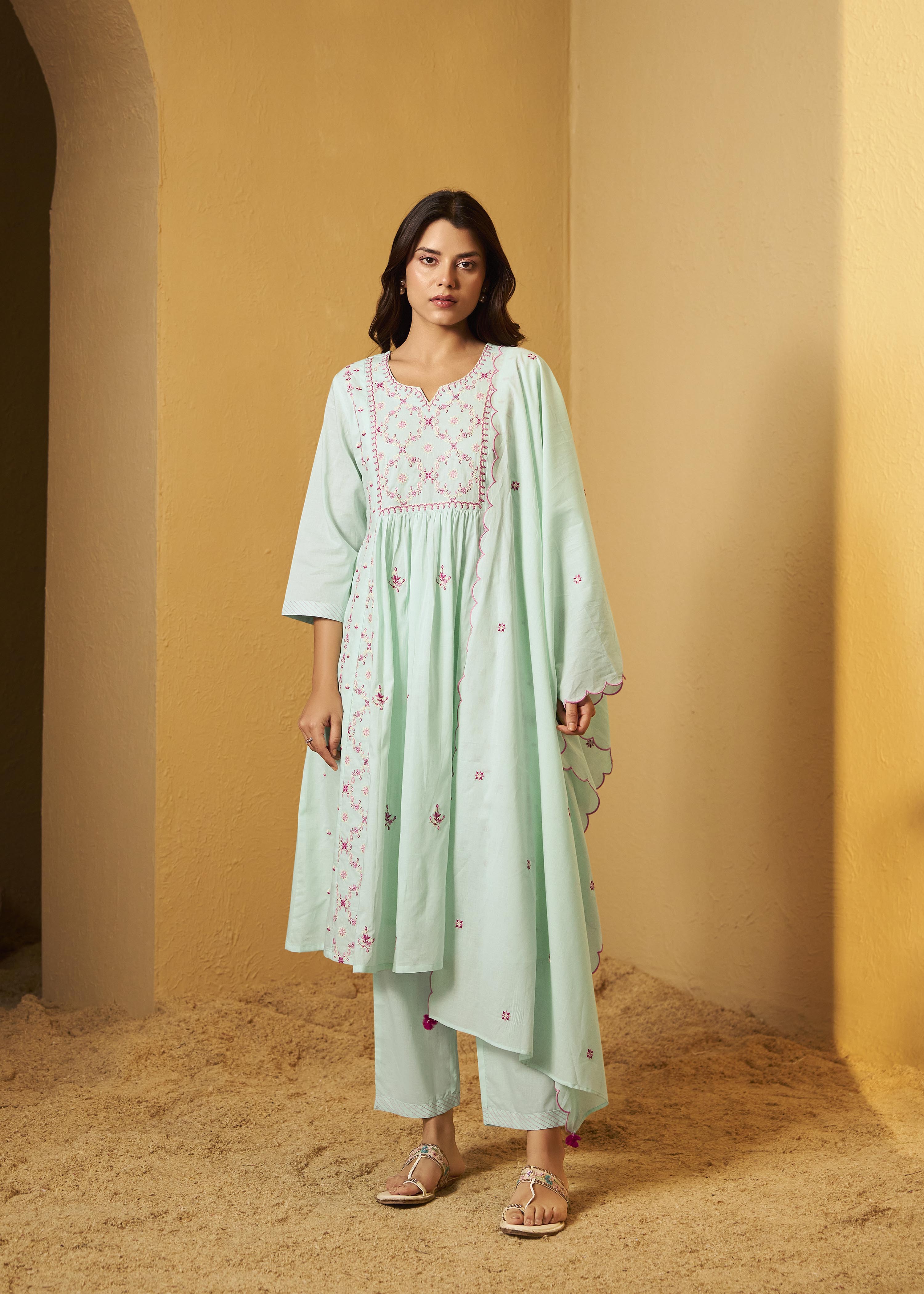 Ice Green A-Line Pure Cotton Embroidery Kurta Set