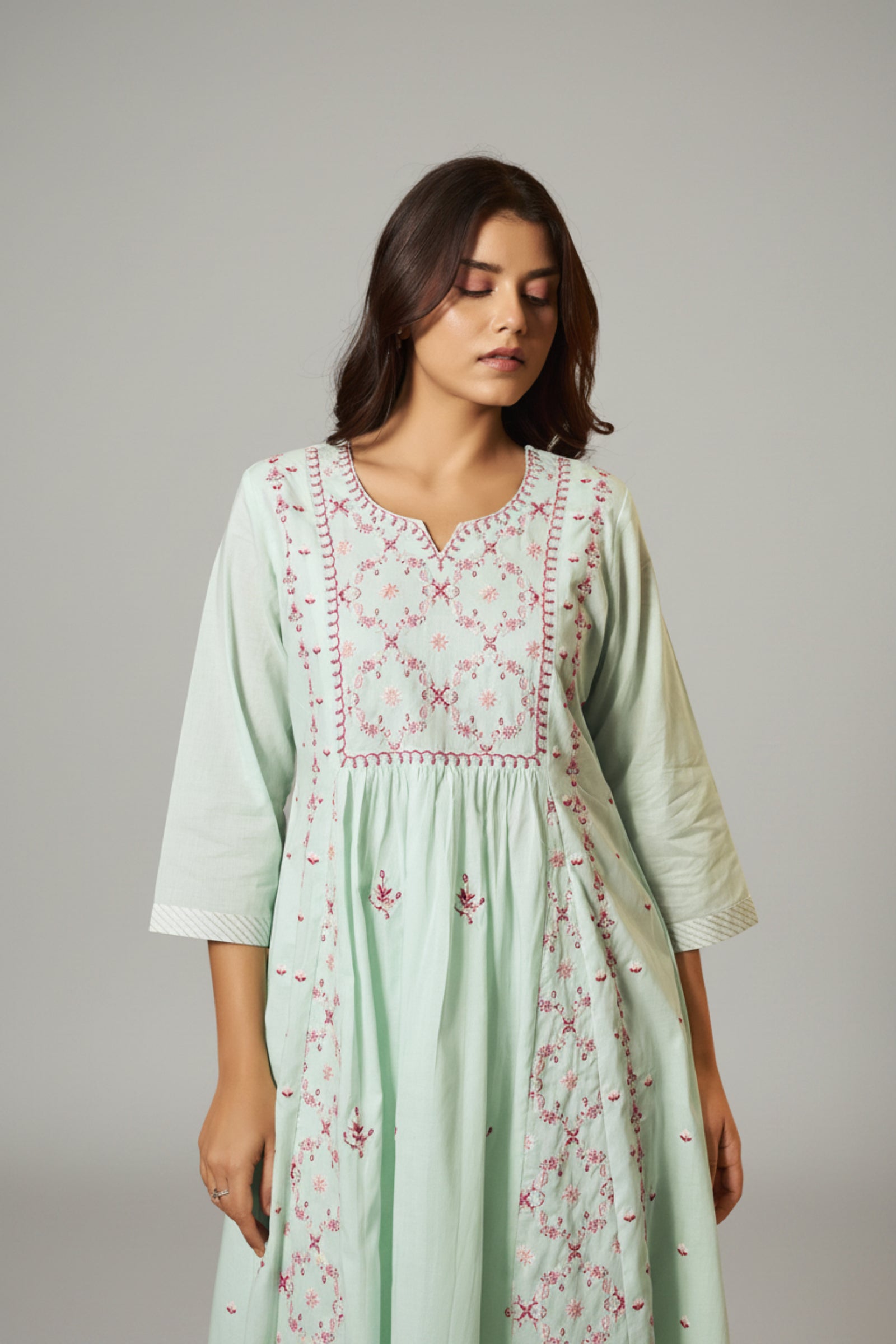 Ice Green A-Line Pure Cotton Embroidery Kurta Set