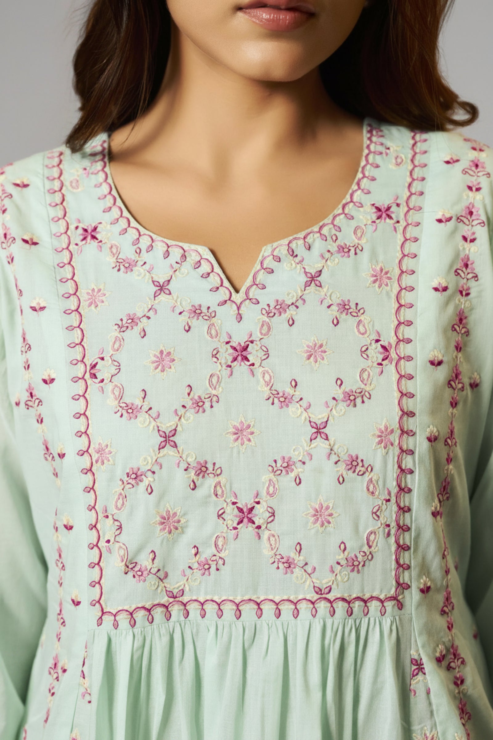Ice Green A-Line Pure Cotton Embroidery Kurta Set